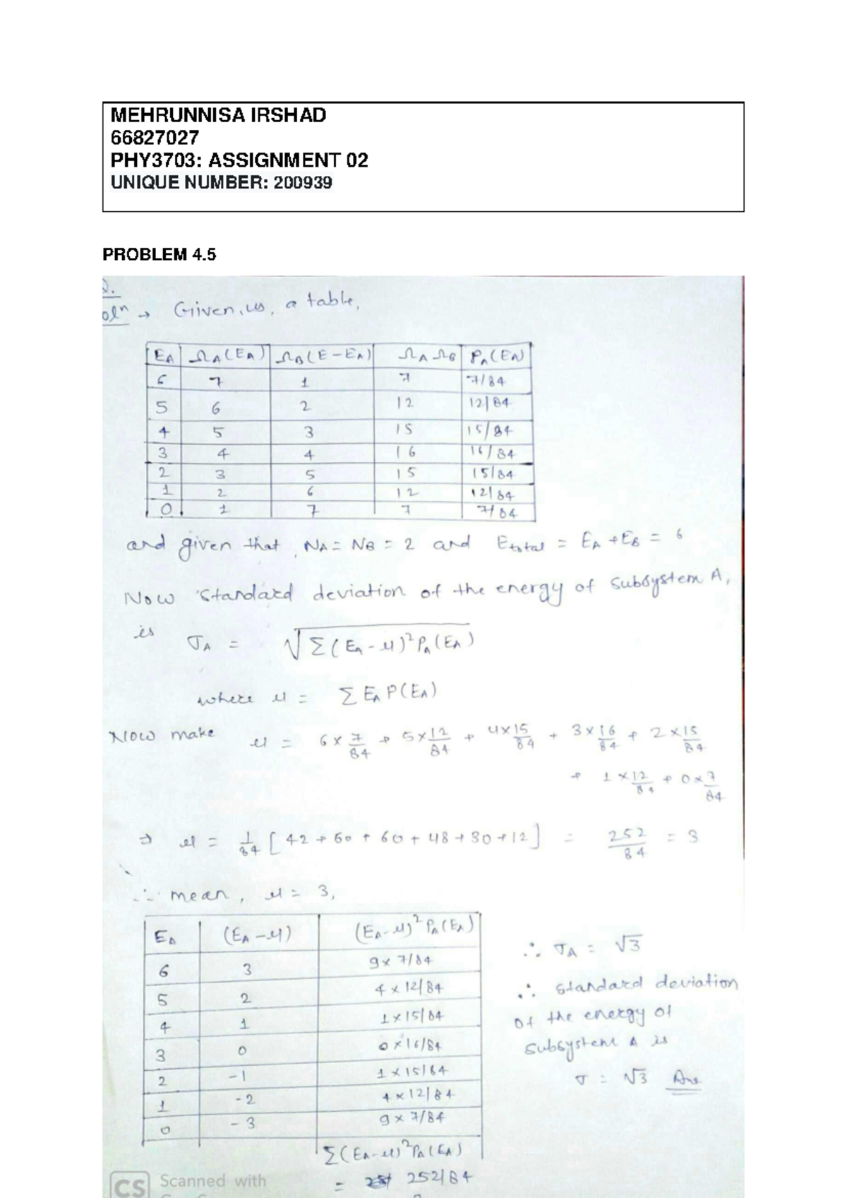 66827027 - PHY3703 Assignment 02 - PHY3703 - MEHRUNNISA IRSHAD PROBLEM ...