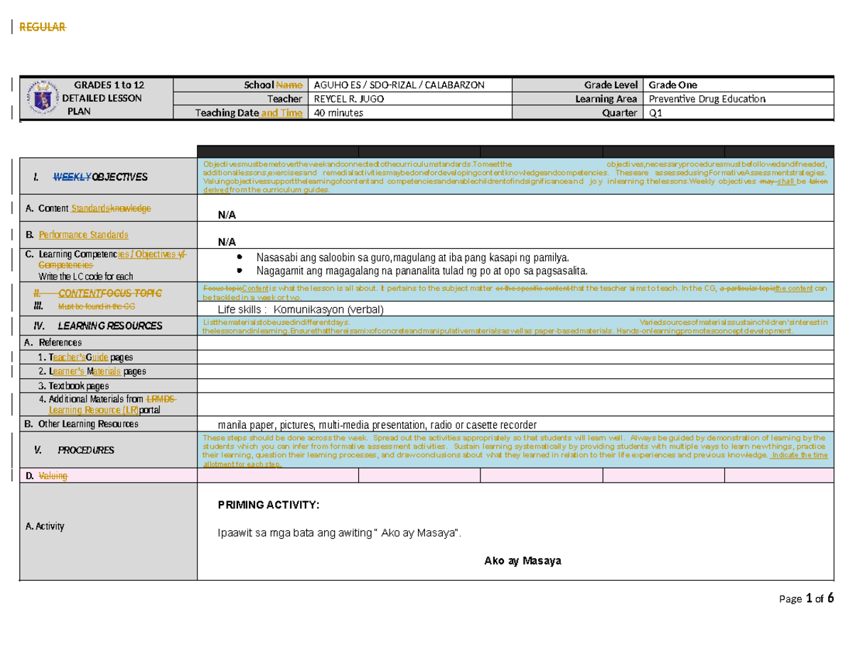 NDEP Lesson PLAN - GOODS - GRADES 1 to 12 DETAILED LESSON PLAN School ...