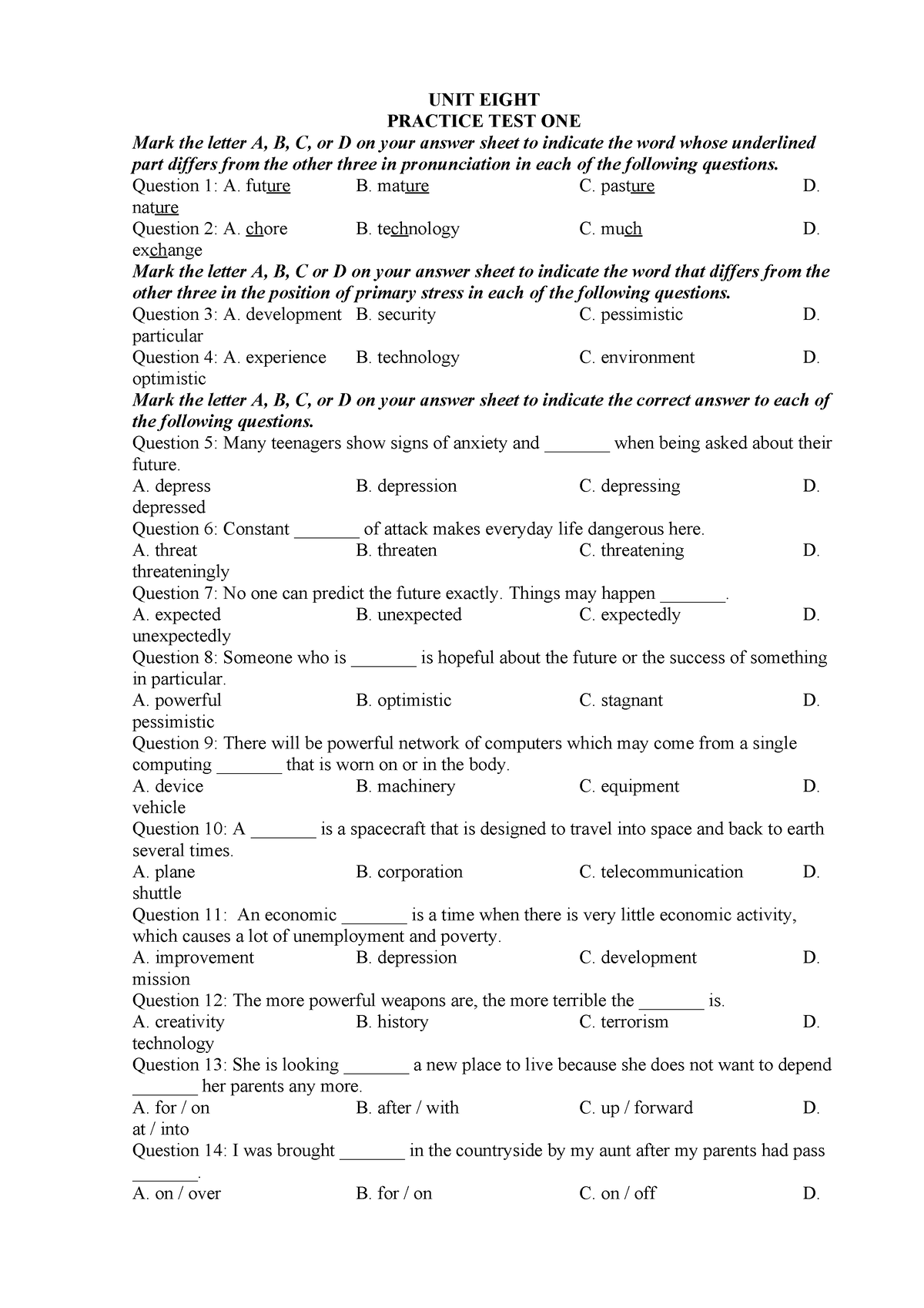 1637806340538 Practice TEST UNIT 8 - UNIT EIGHT PRACTICE TEST ONE Mark ...