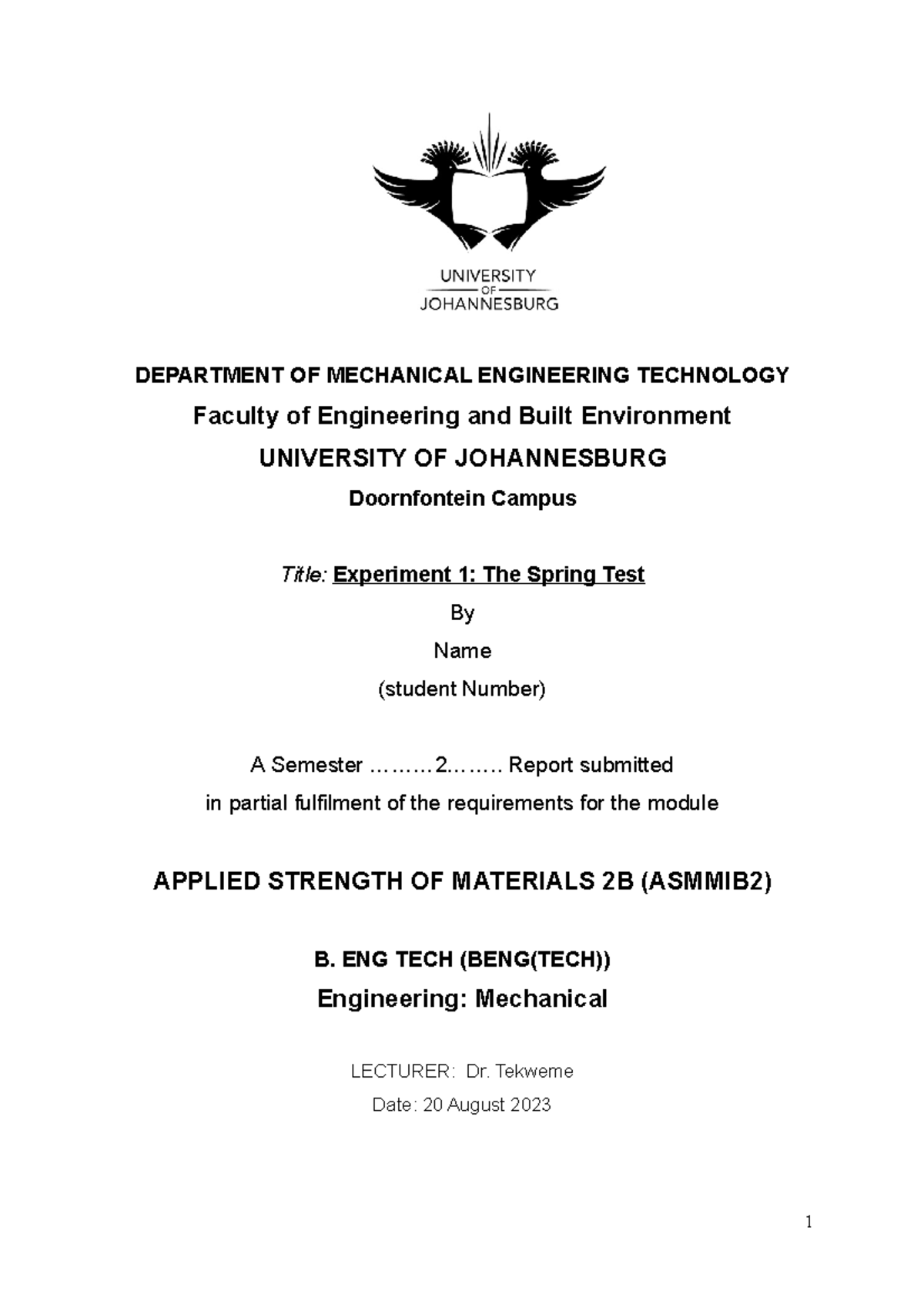 Applied strengths Lab 1(the spring test) - DEPARTMENT OF MECHANICAL ...