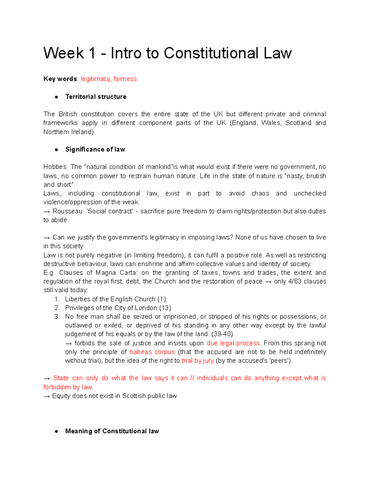 Week 1 - Intro to Constitutional Law - Significance of law Hobbes: The ...