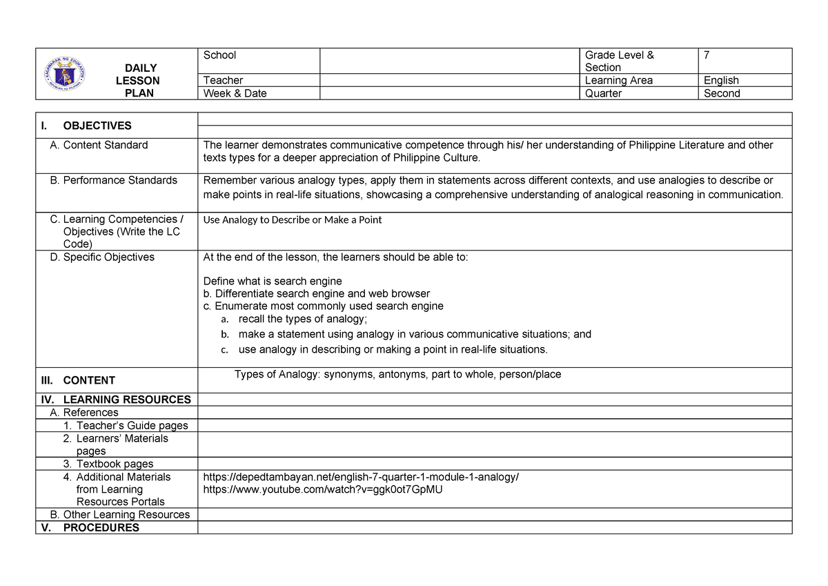 Lesson PLAN 3RD Quarter - DAILY LESSON PLAN School Grade Level ...