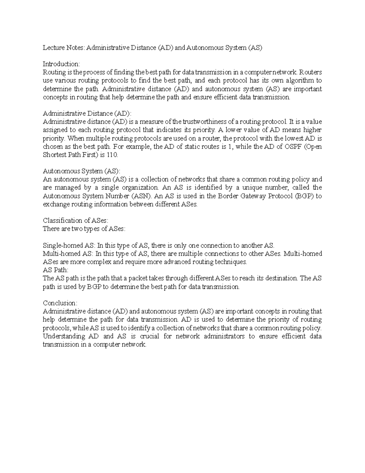 Administrative Distance (AD) and Autonomous System (AS) - Lecture Notes ...