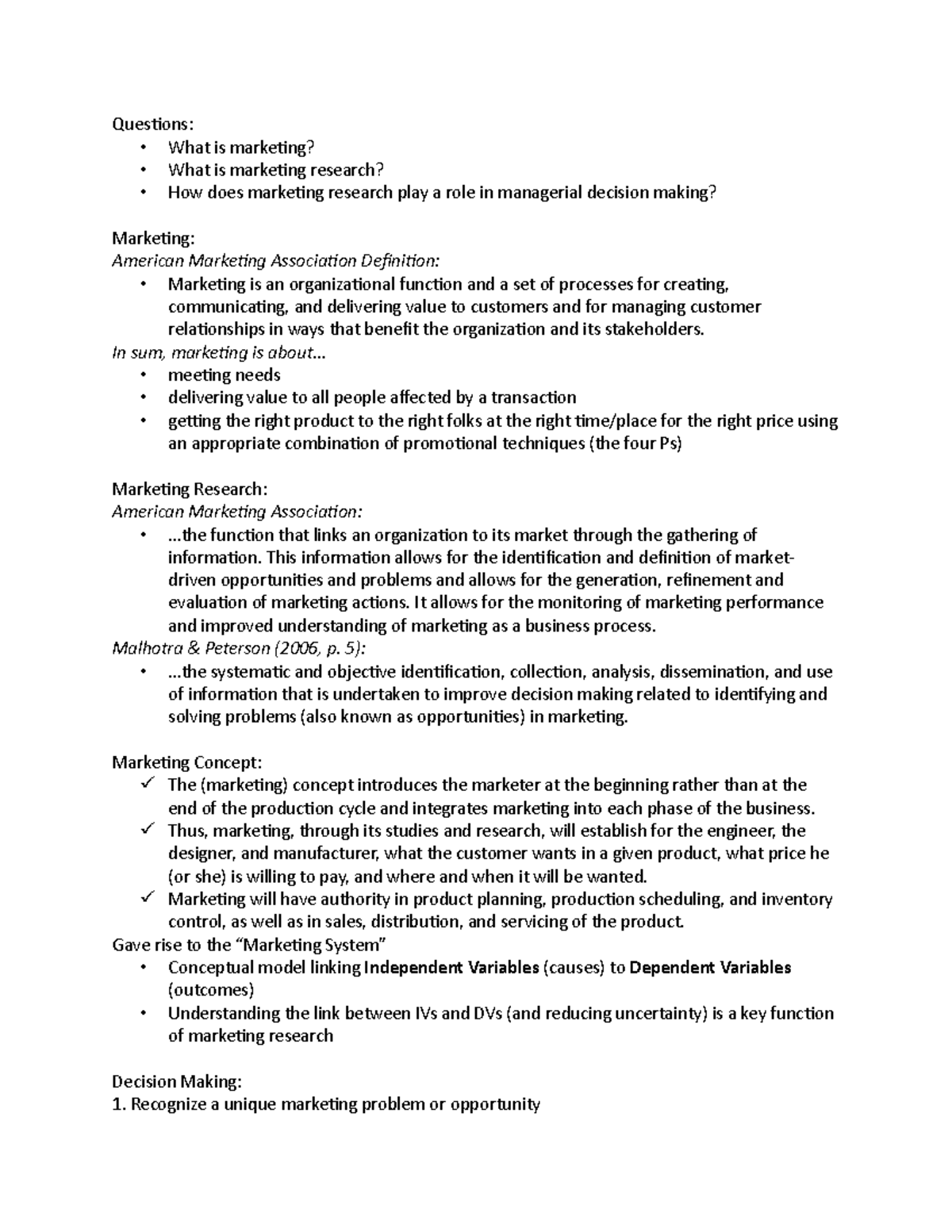 Chapter 1 - Lecture notes 1 - Questions: - What is marketing? - What is ...