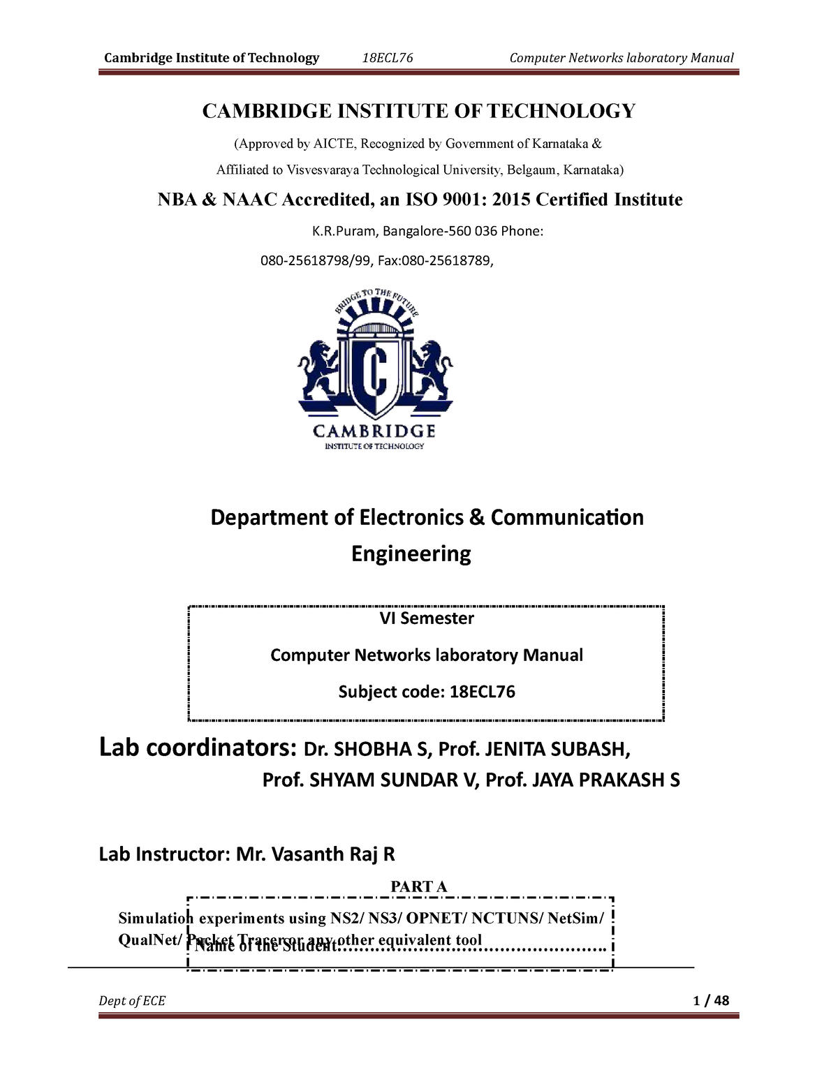 CN LAB Manual 18ECL76 - VI Semester Computer Networks Laboratory Manual ...