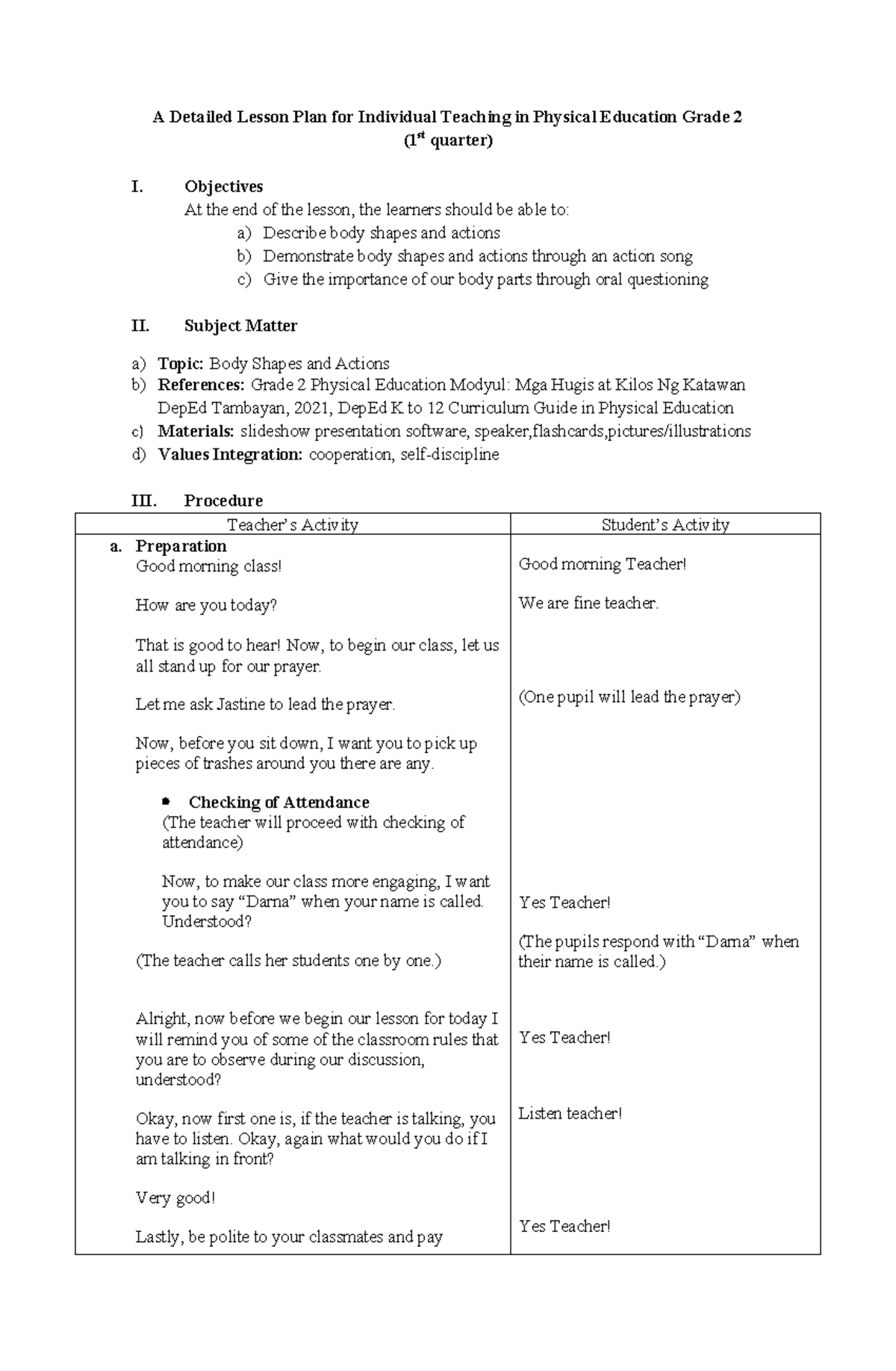 Individualized - A Detailed Lesson Plan for Individual Teaching in ...