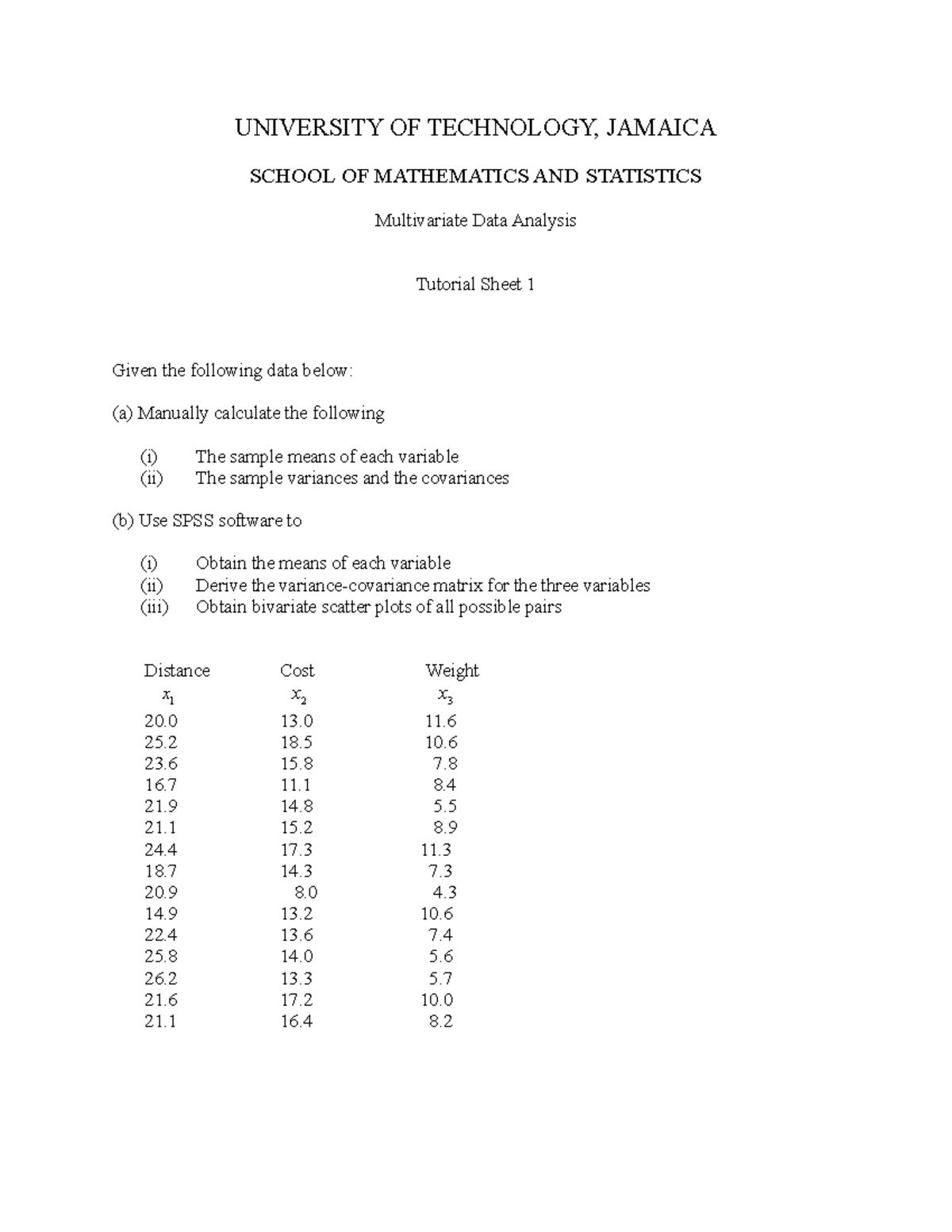 Multivariate Data Analysis STA3005 Worksheet 1 - UNIVERSITY OF ...