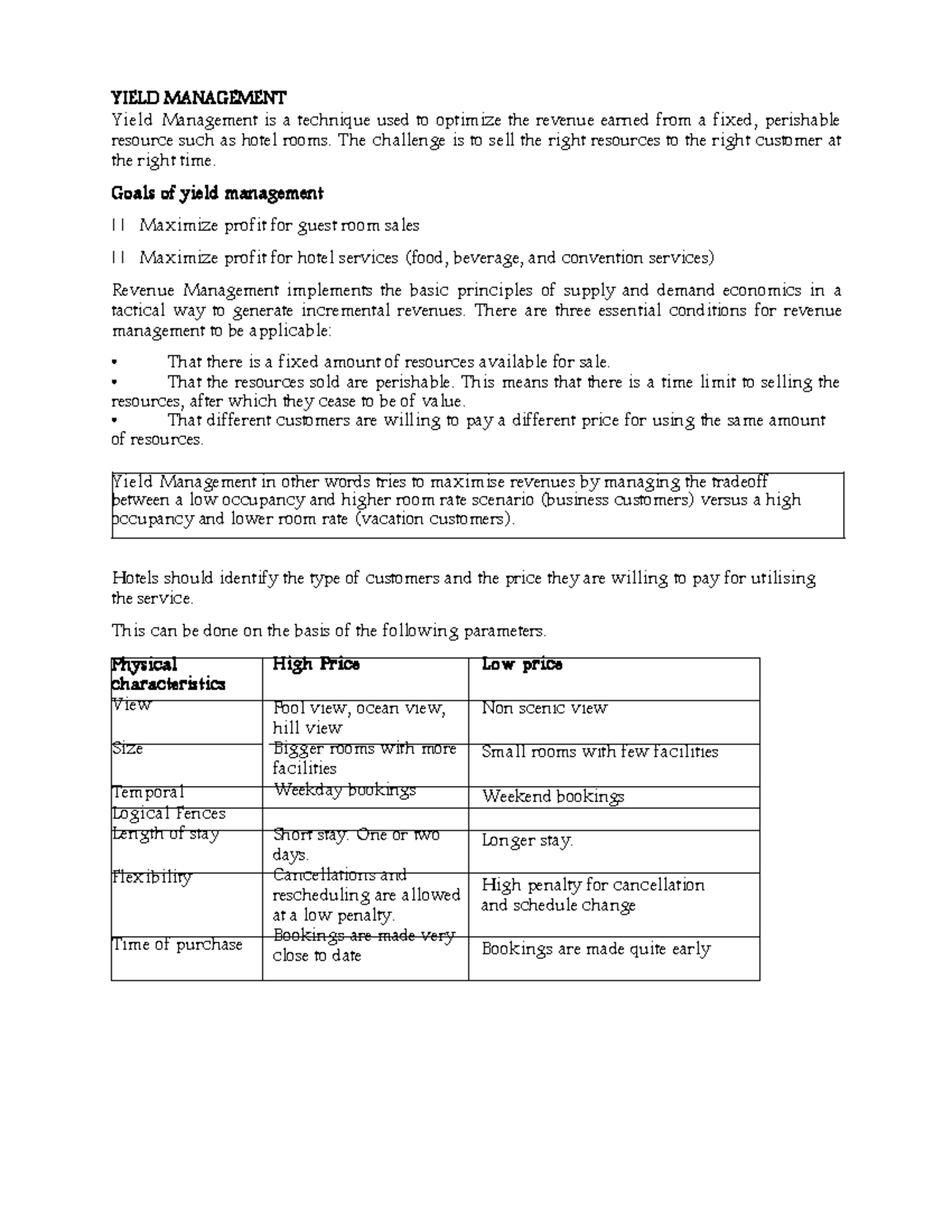 Yield Management - YIELD MANAGEMENT Yield Management is a technique ...