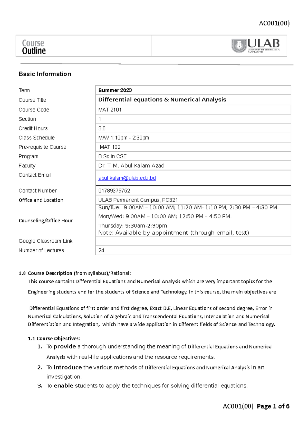 Course outline MAT 2101 - Basic Information Term Summer 2023 Course ...