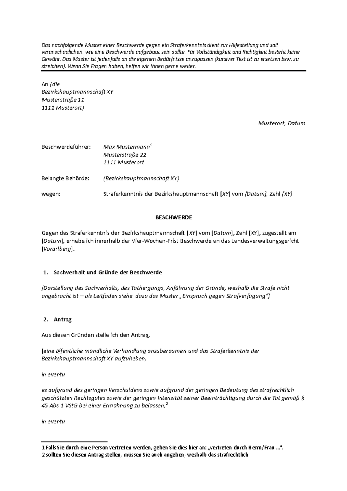 MusterBeschwerdeStraferkenntnis 2 Das nachfolgende Muster einer Beschwerde gegen ein Studocu