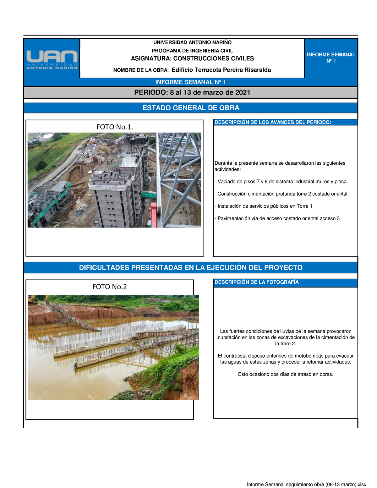 Ejemplo Informe Semanal seguimiento obra (08-13 marzo) - Las fuertes  condiciones de lluvias de la - Studocu