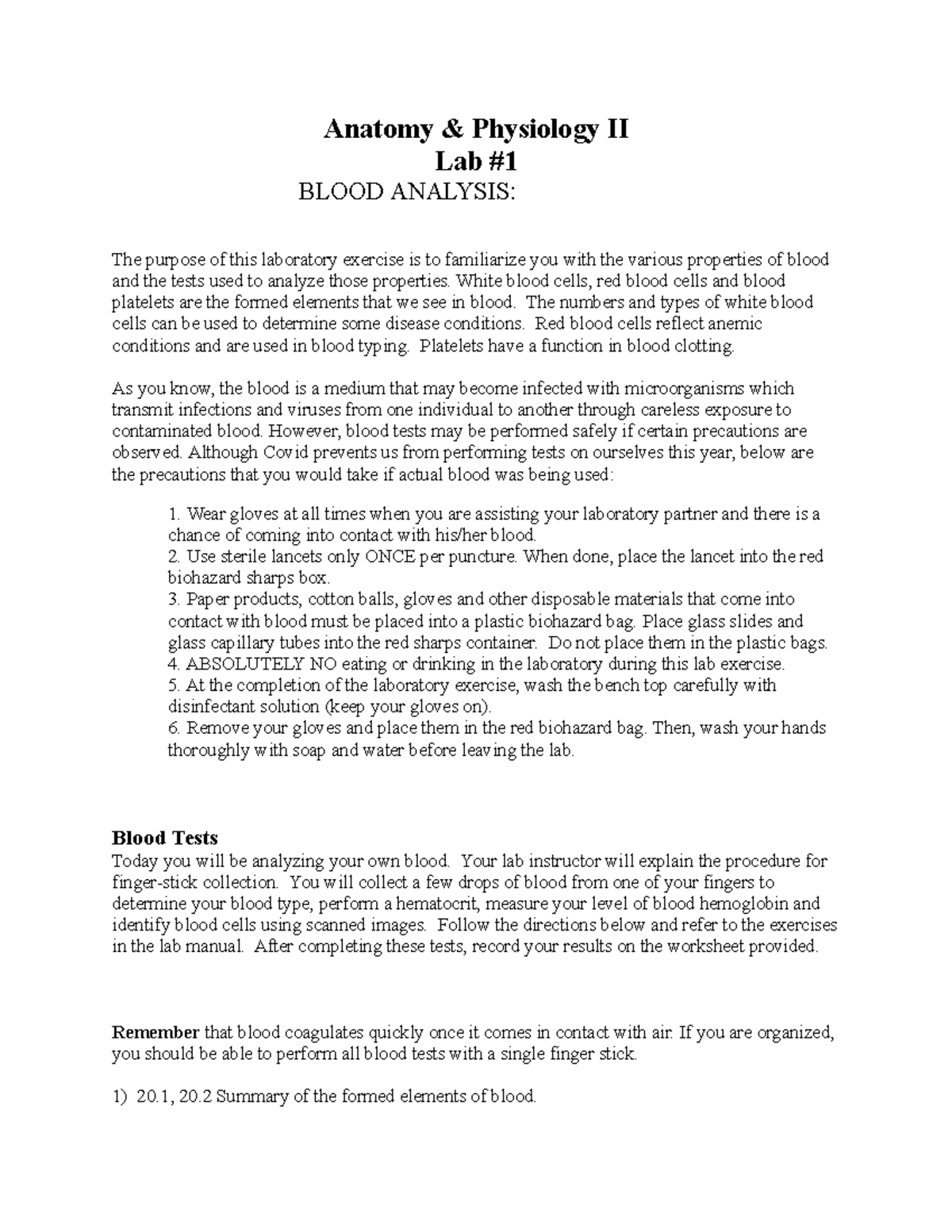 Blood Lab Guide 2020 Mastrangelo 11 Anatomy Physiology II Lab BLOOD 