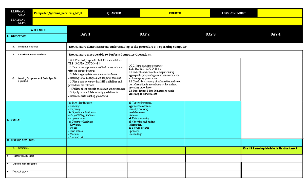 Detailed Lesson Plan for Cookery - LEARNING AREA Computer_Systems ...