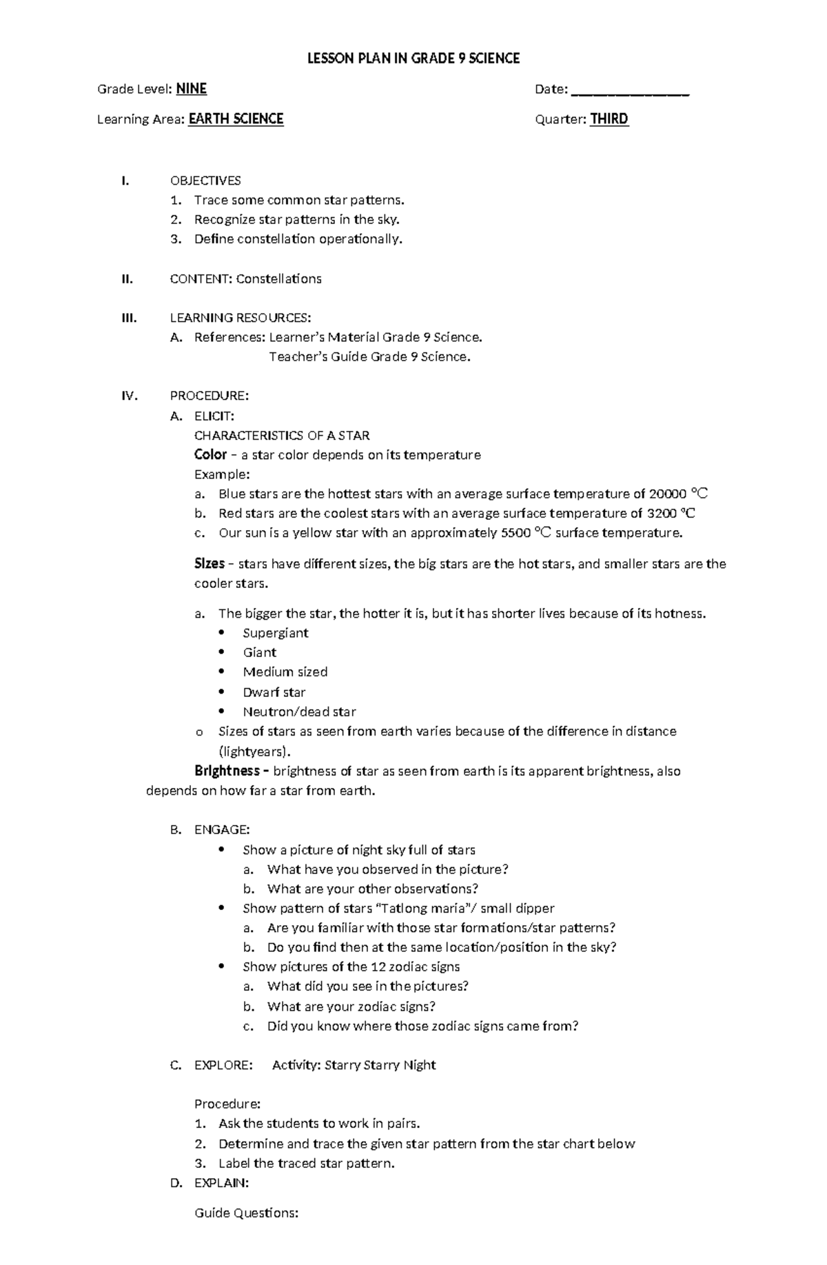 436629549 Lesson Plan Constellation - LESSON PLAN IN GRADE 9 SCIENCE ...