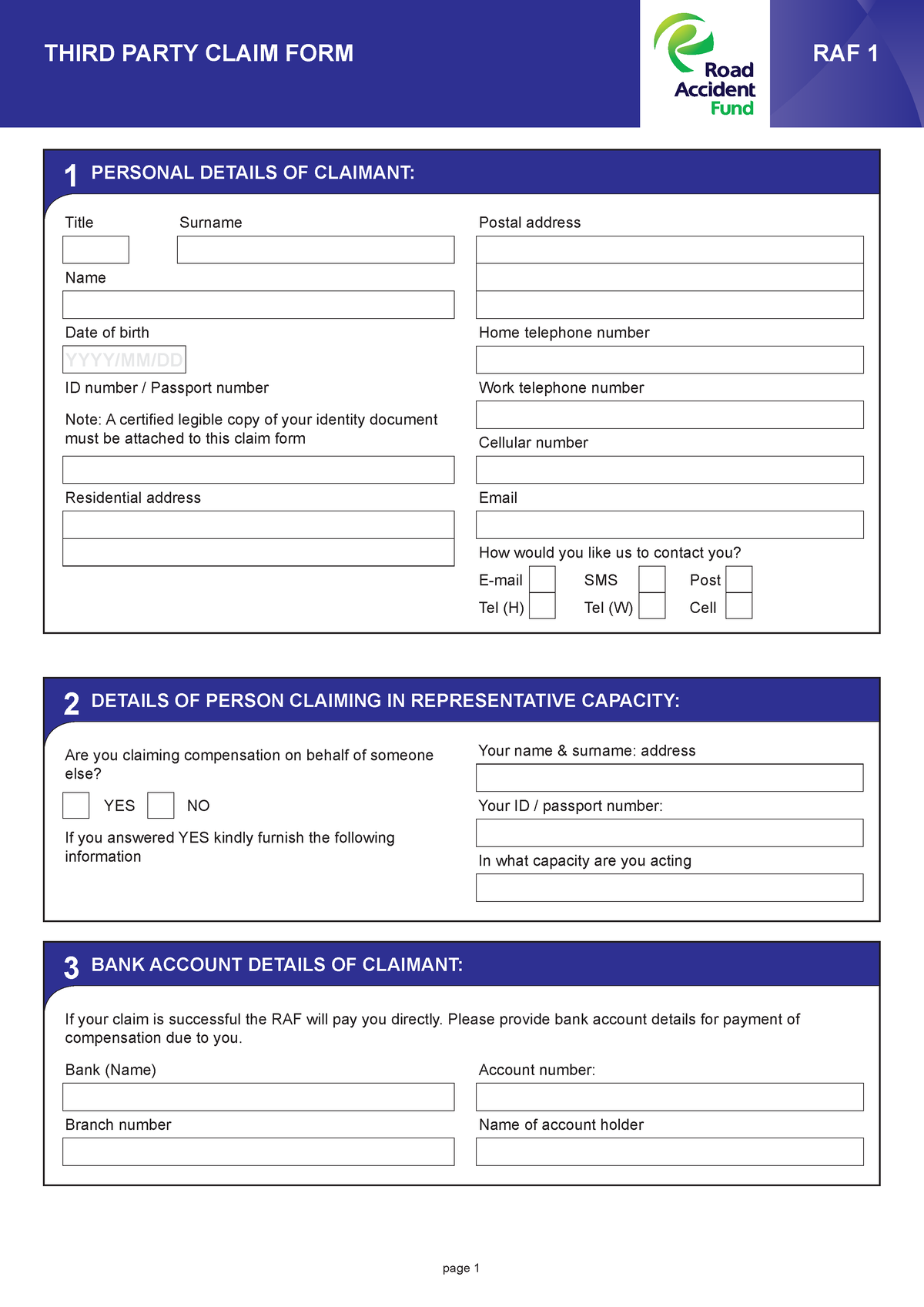 RAF 1 Third Party Claim Form Title Surname Postal Address Name Date 