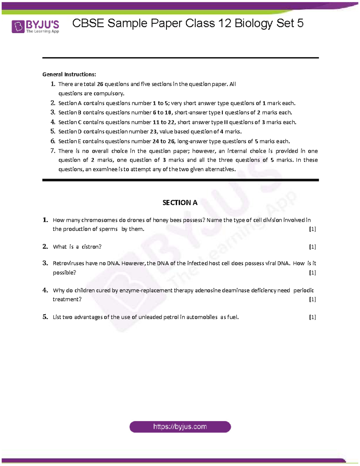 CBSE Sample Paper Class 12 Biology Set 5 - General Instructions: 1 ...