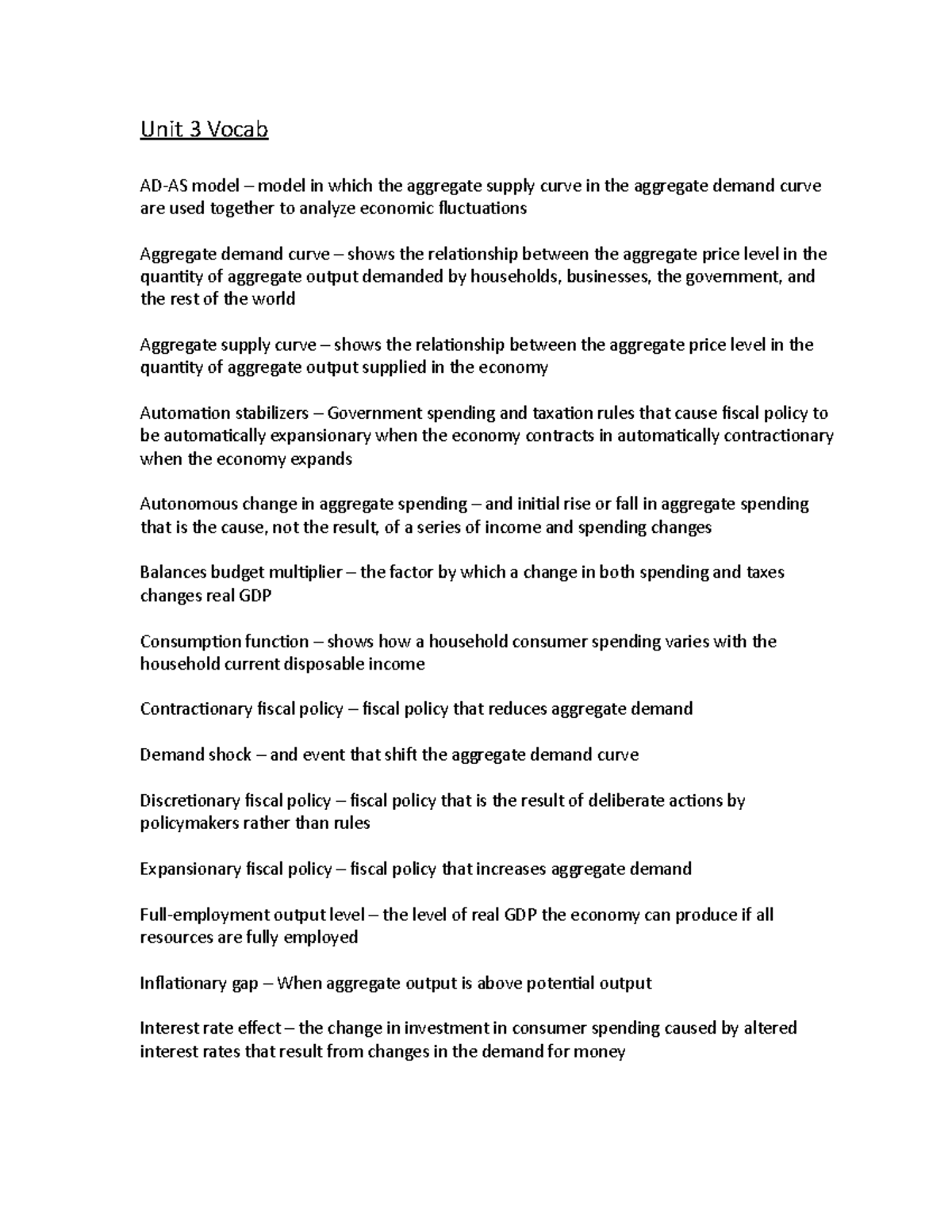 Unit 3 Vocab Unit 3 Vocab ADAS model model in which the aggregate