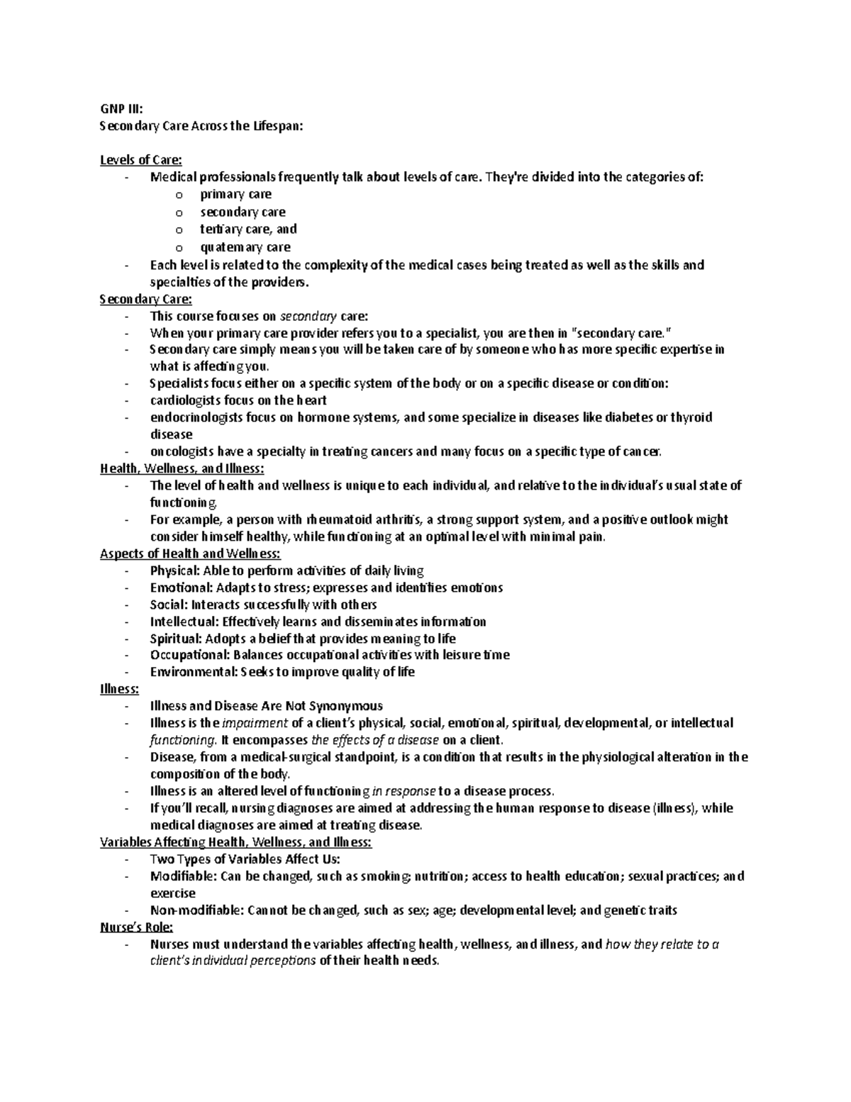 Secondary Care Outline GNP III Secondary Care Across the Lifespan