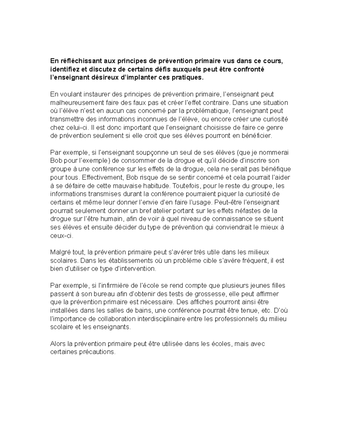 Journal de bord cours 10 En réfléchissant aux principes de prévention primaire vus dans ce Journal de bord cours 10 En réfléchissant aux principes de prévention primaire vus dans ce