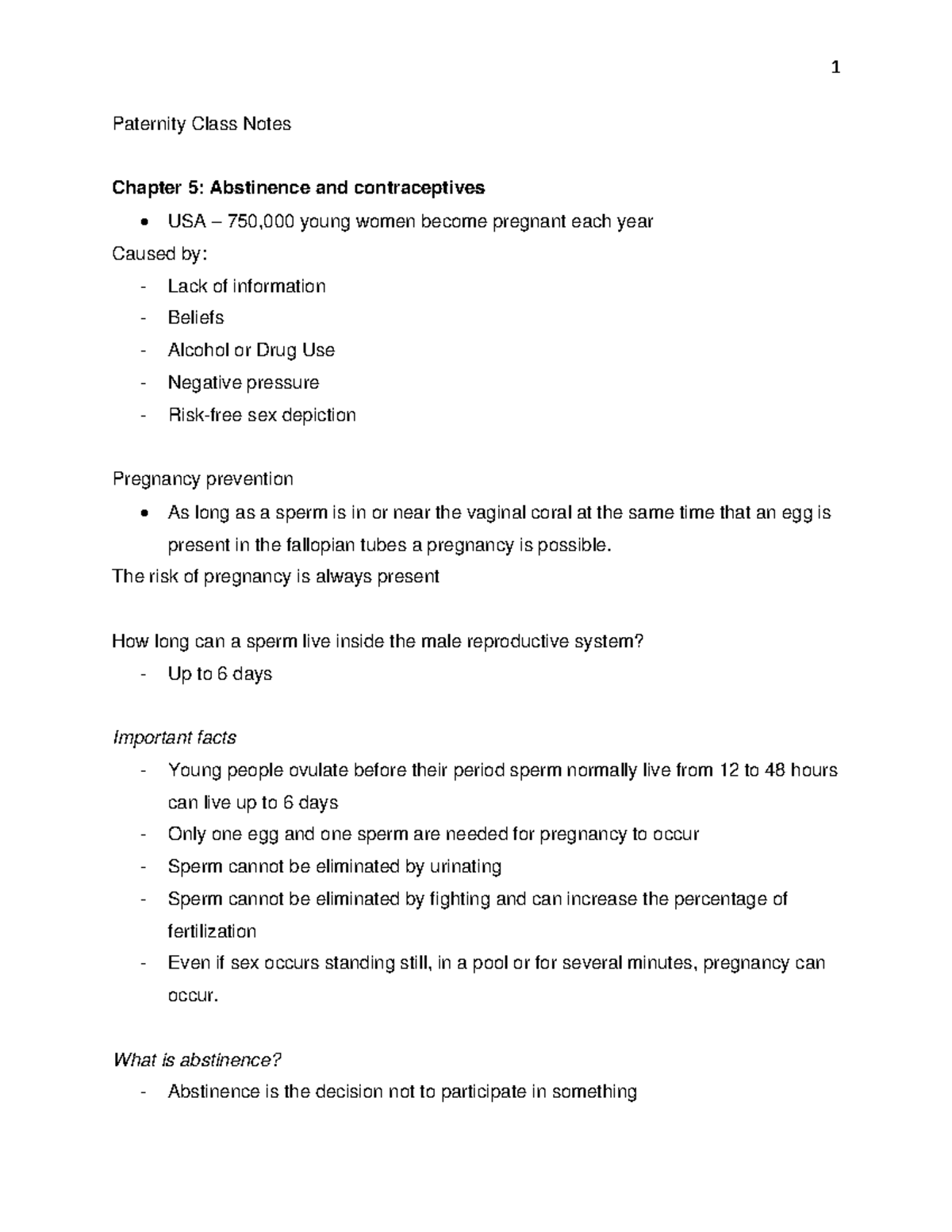 Reproductive system notes - Paternity Class Notes Chapter 5: Abstinence ...