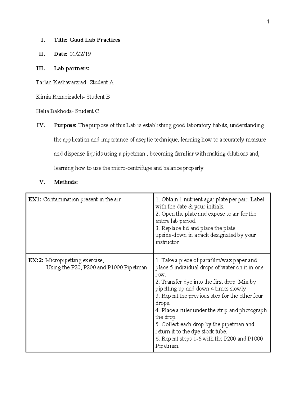 Lab 1- Good lab practices -2 - I. Title: Good Lab Practices II. Date ...