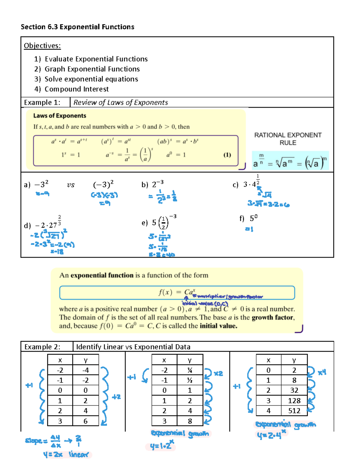 Unit VI 6.3 guided notes ( Exponential Functions) - Section 6 ...