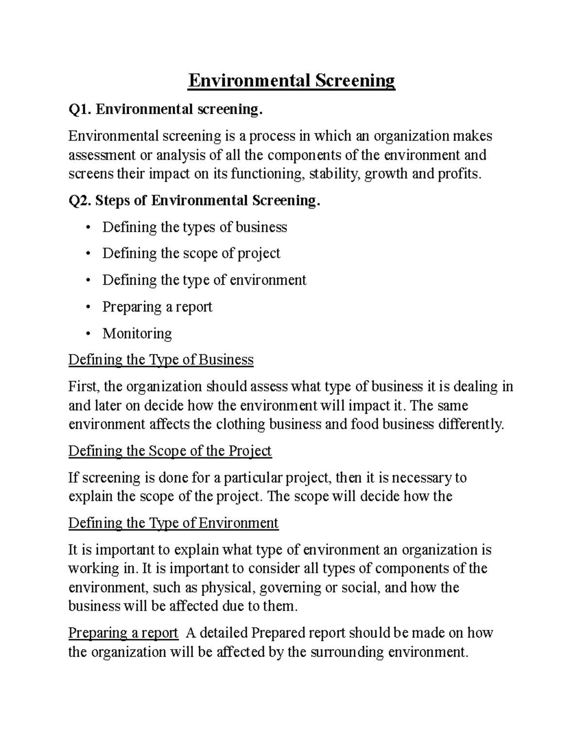International mgt - Environmental Screening Q1. Environmental screening ...