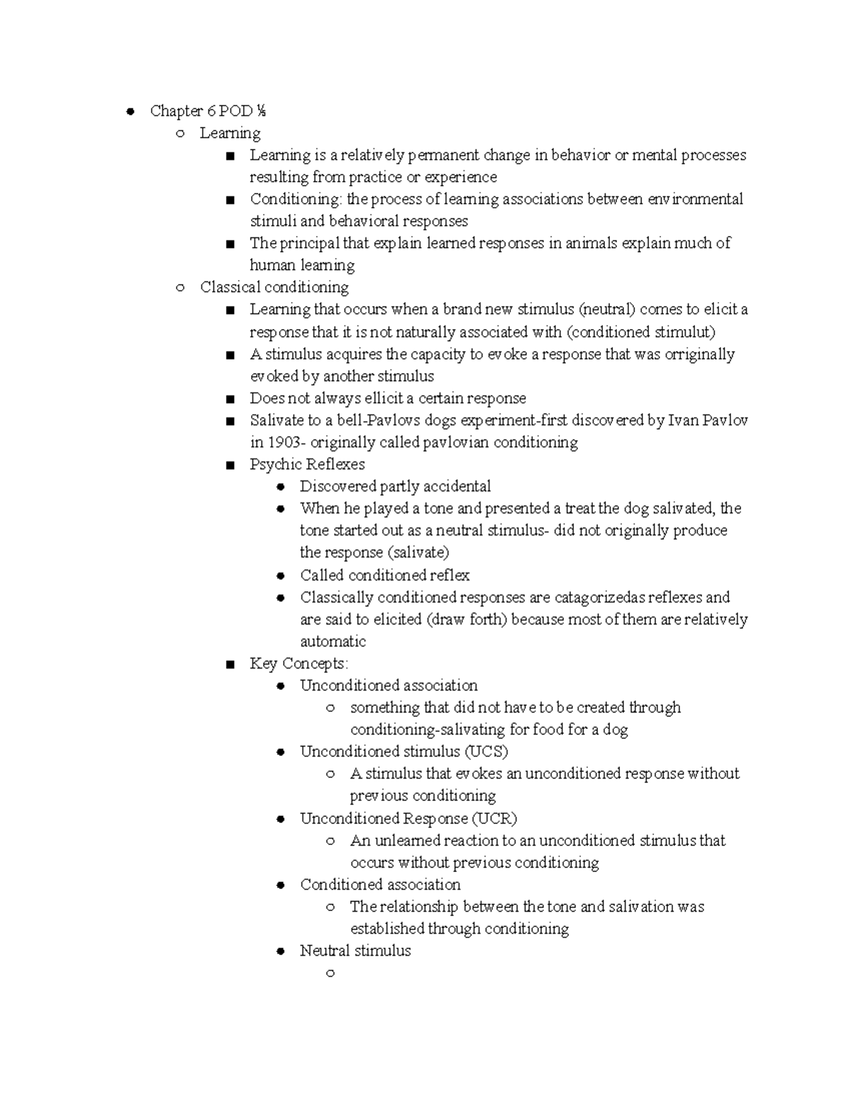Psychology notes 1001 Chapter 6 POD ⅕ Learning Learning is a