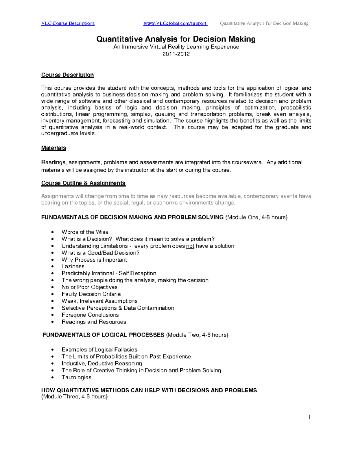 Decision analysis - MBA - 1 Quantitative Analysis for Decision Making ...
