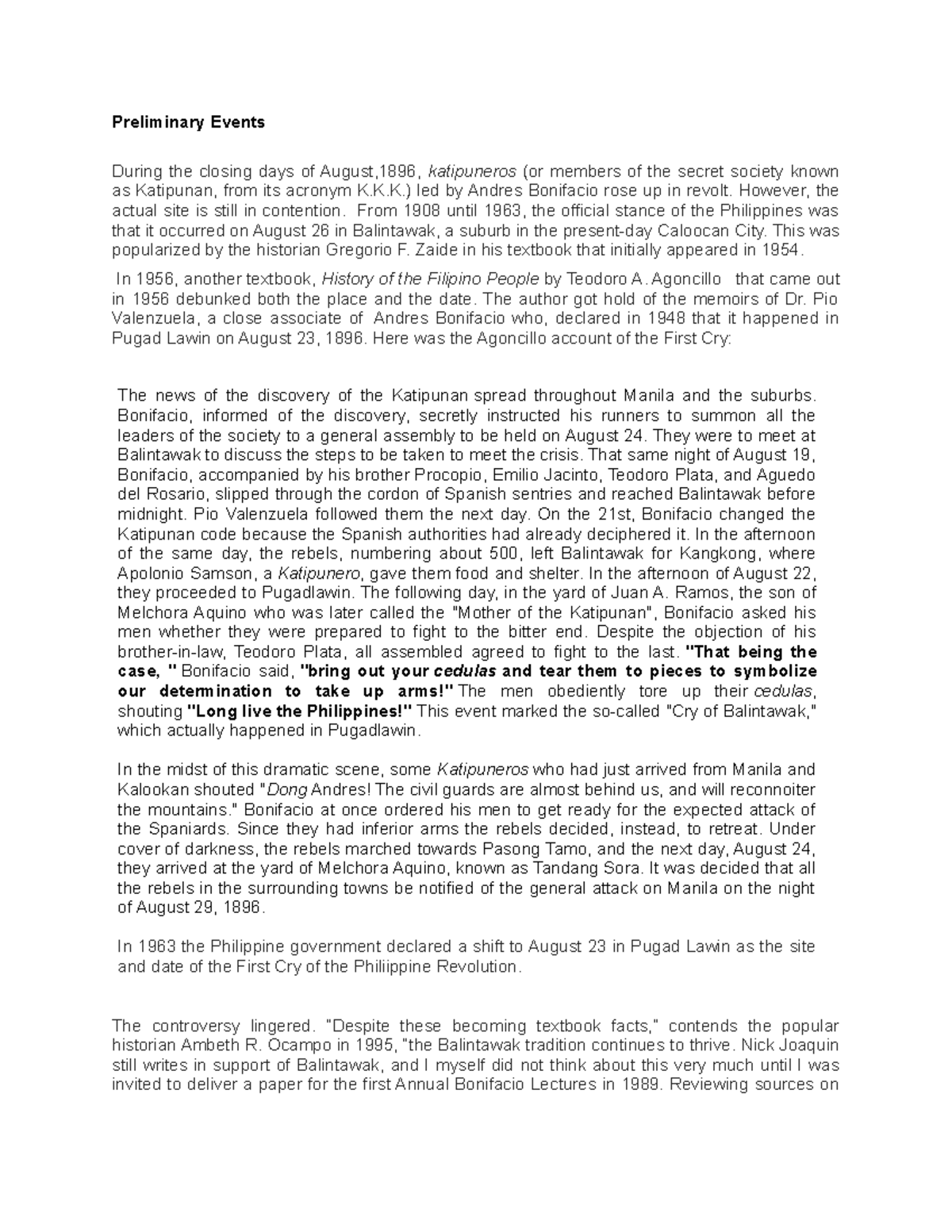 Cry-of-Balintawak - useful - Preliminary Events During the closing days ...