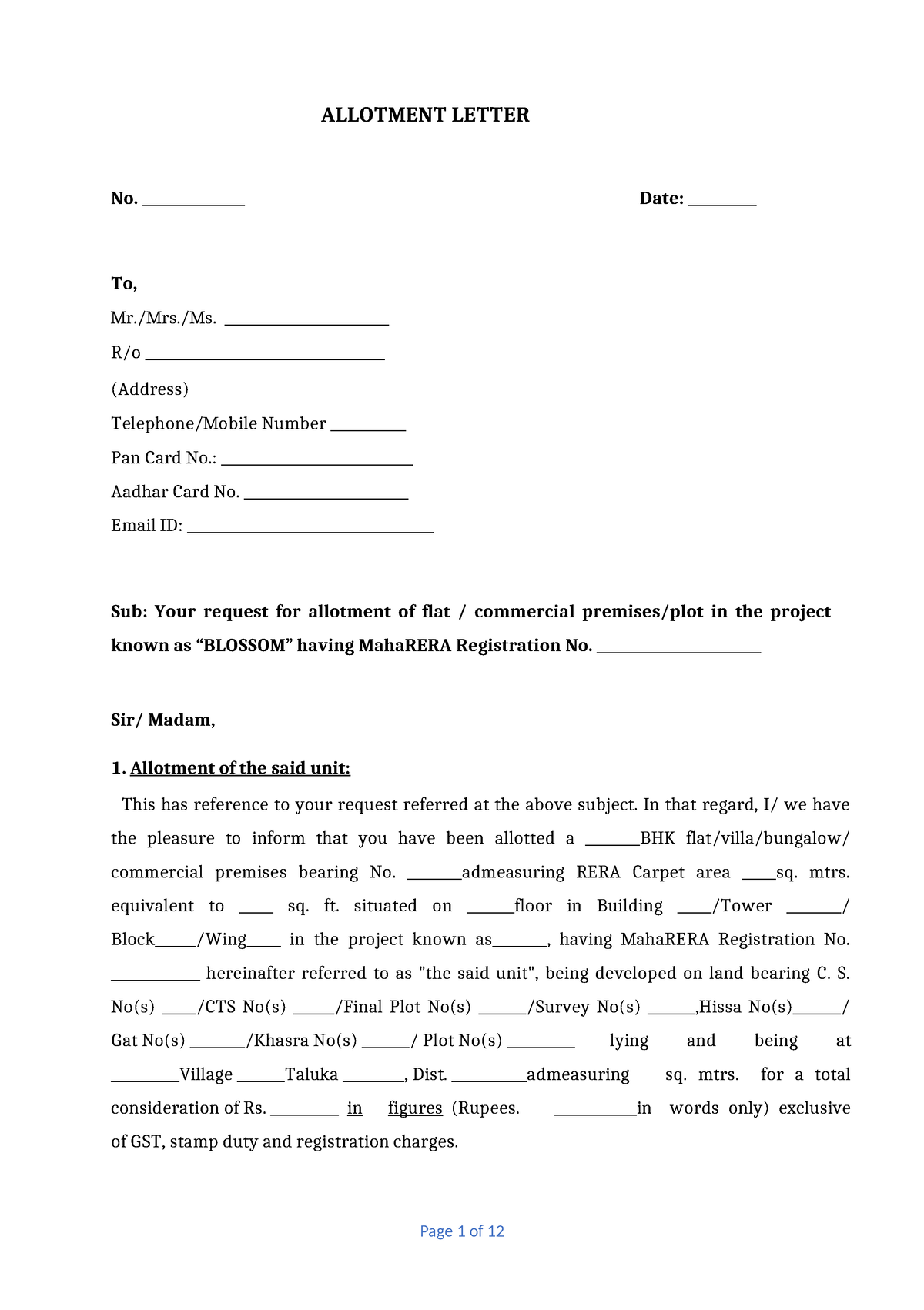 Rera Allotment Letter 2024 - ALLOTMENT LETTER No. _______________ Date ...