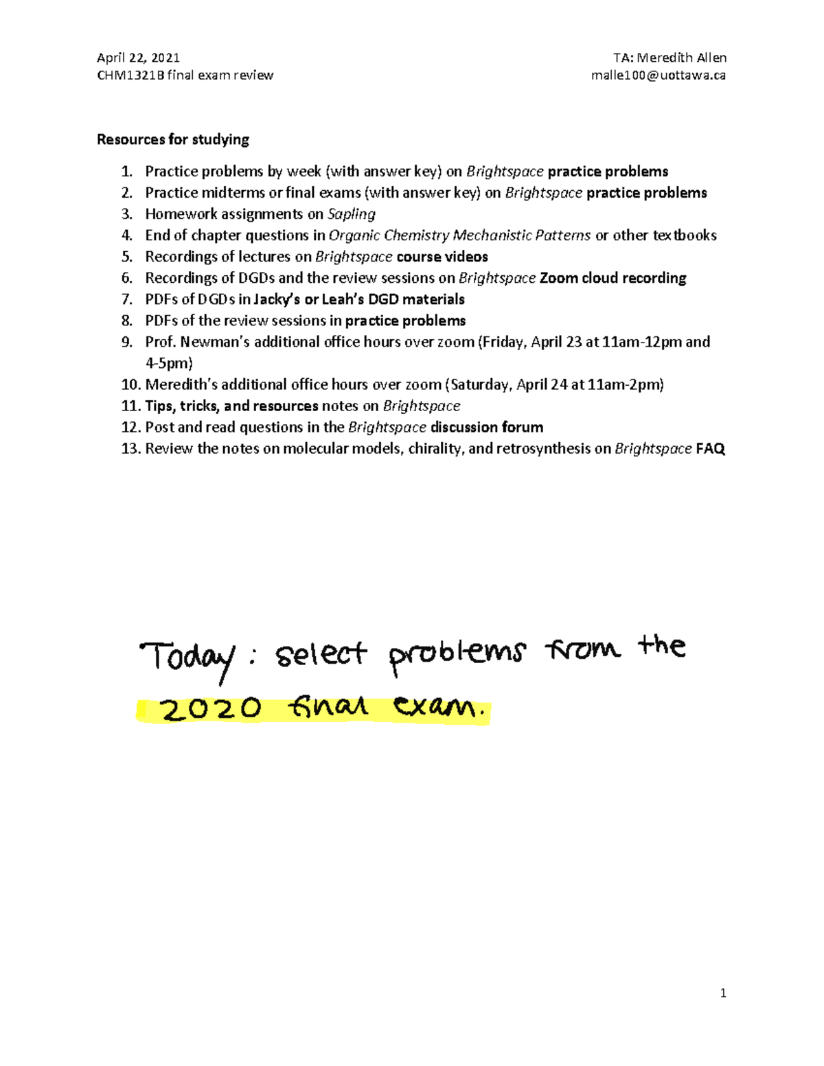 Final exam review - 2. 3. 4. 5. 6. 7. 8. 9. Practice problems week ...