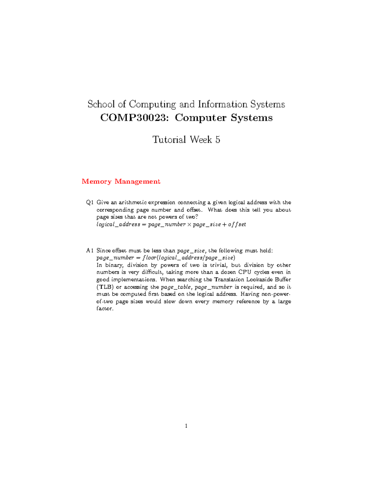 Tutorial 5 memory management solutions - School of Computing and ...