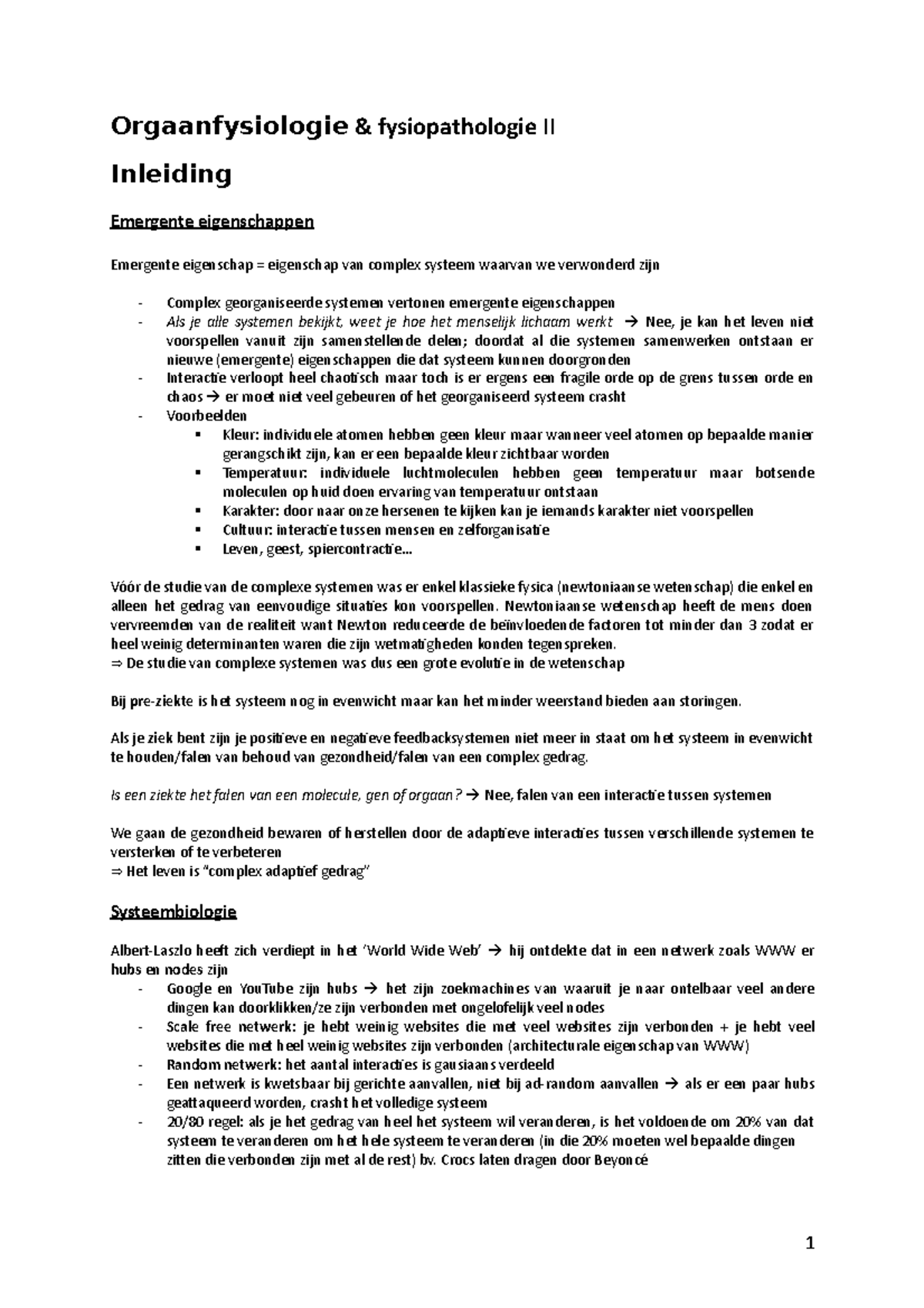 Samenvatting  Orgaanfysiologie & fysiopathologie II Inleiding