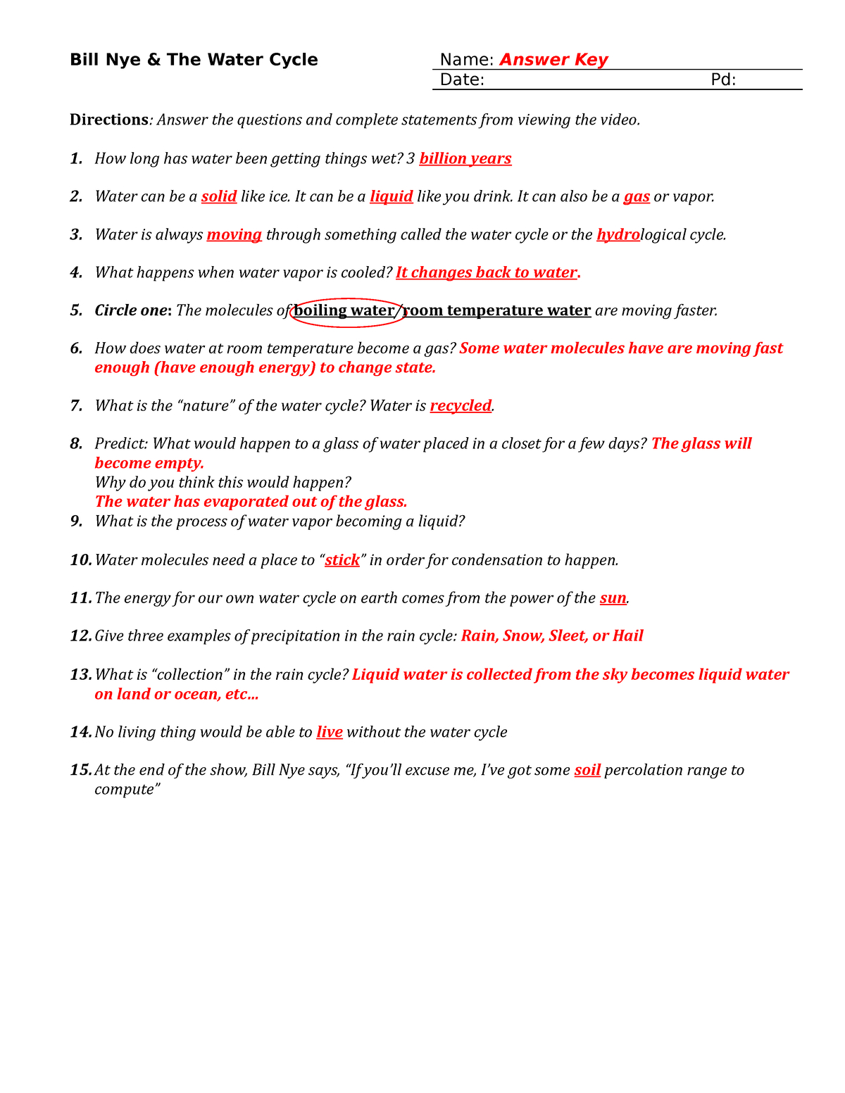 Bill Nye and The Water Cycle Handout 21 - Bill Nye &amp; The Water Within Water Cycle Worksheet Answer Key