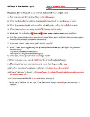 Bill Nye and The Water Cycle Handout 2 - Bill Nye & The Water Cycle  Name: Answer Key Date: Pd: - Studocu