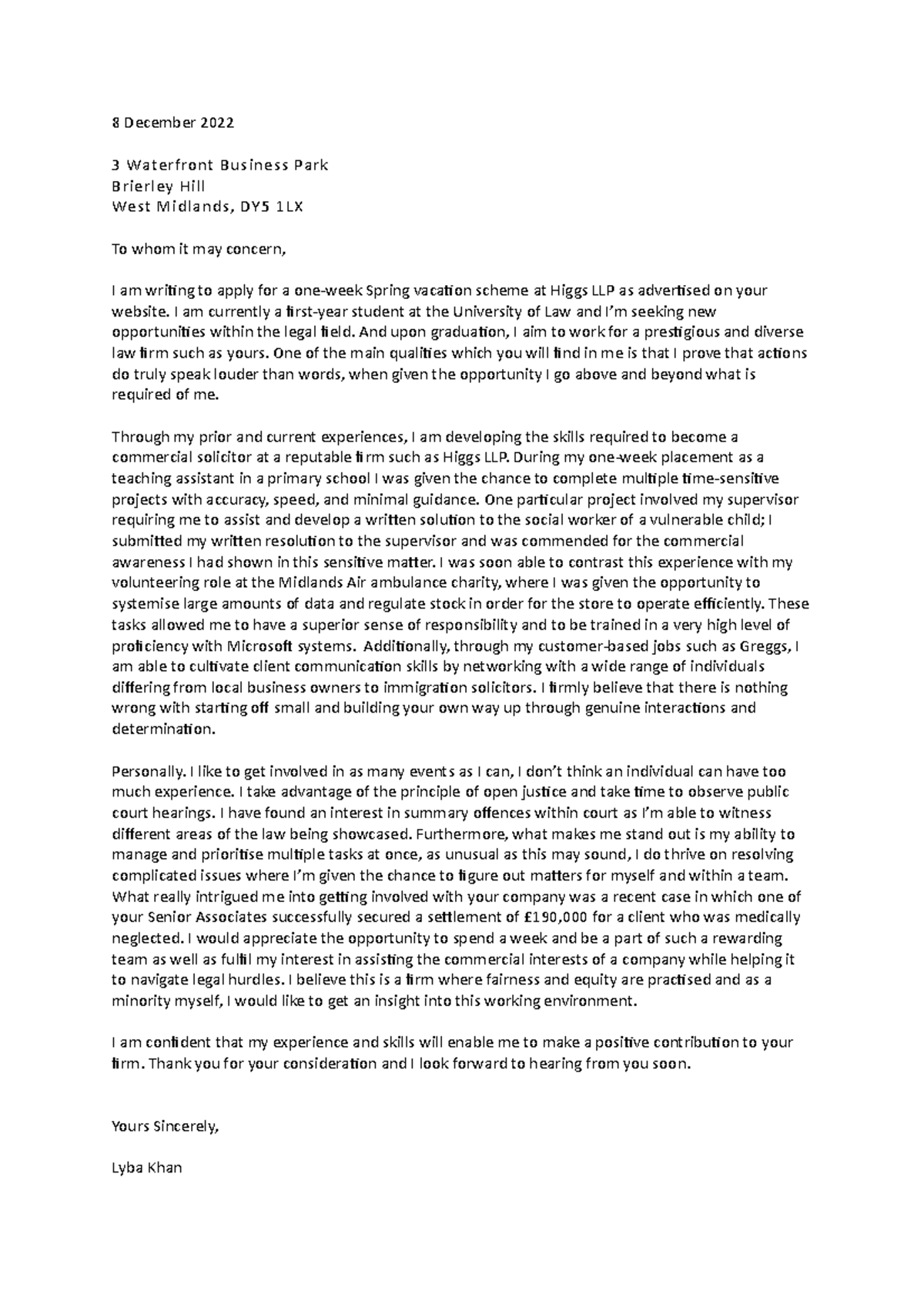 Cover Letter Spring vacation scheme Lyba Khan 8 December 2022 3