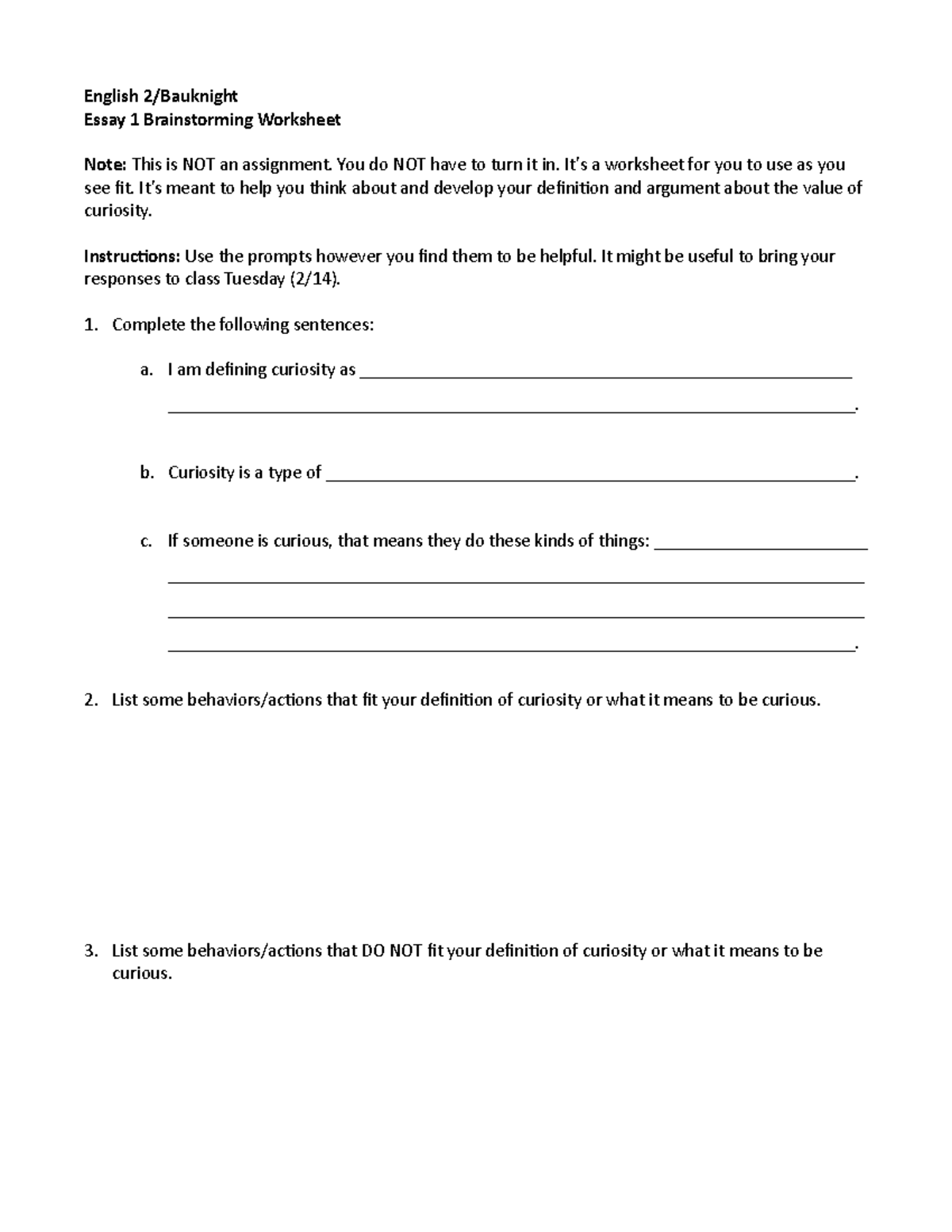 Optional brainstorming worksheet - English 2/Bauknight Essay 1 ...