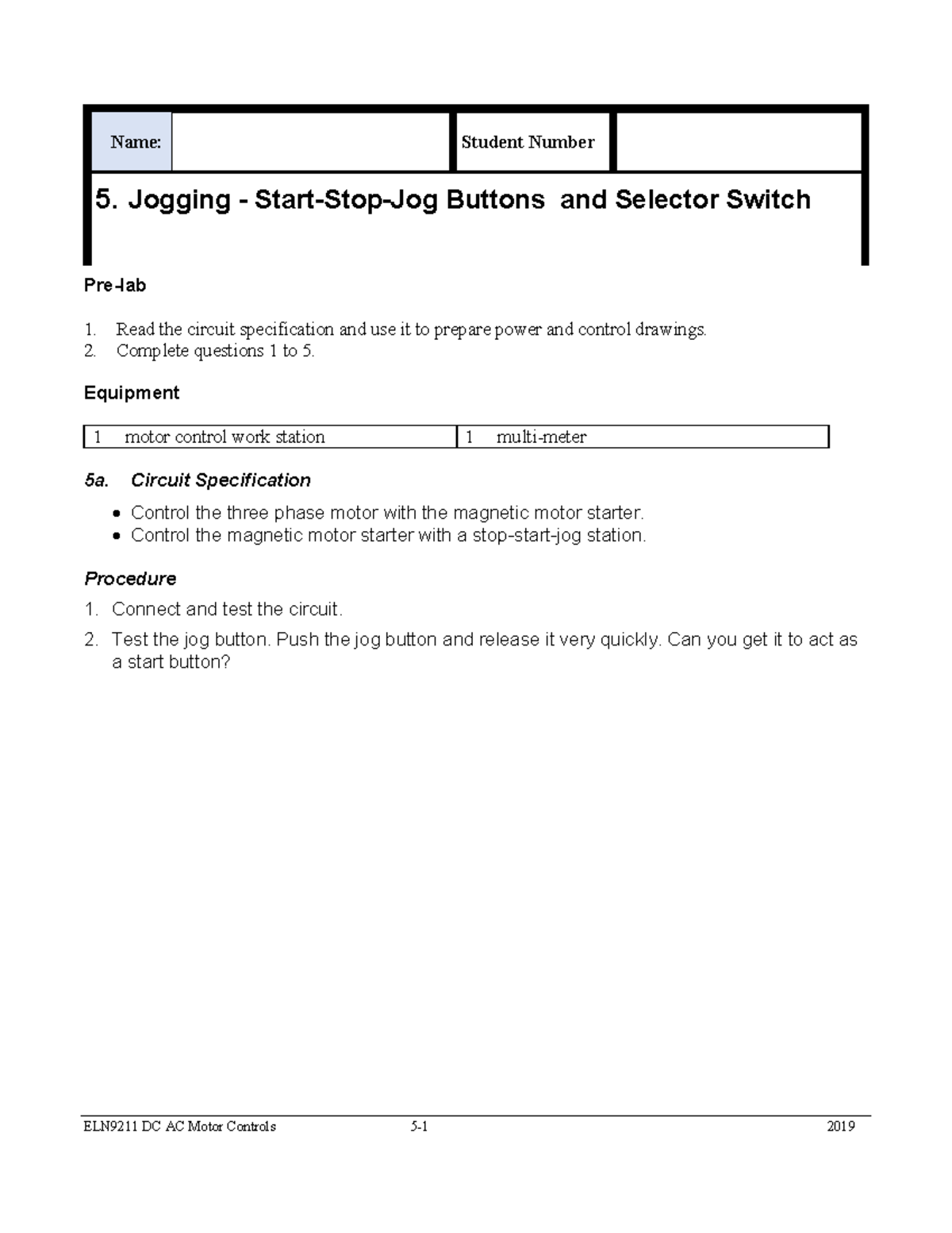 05 Week5 Lab 5Jogging Selector Switch Name Student Number 5
