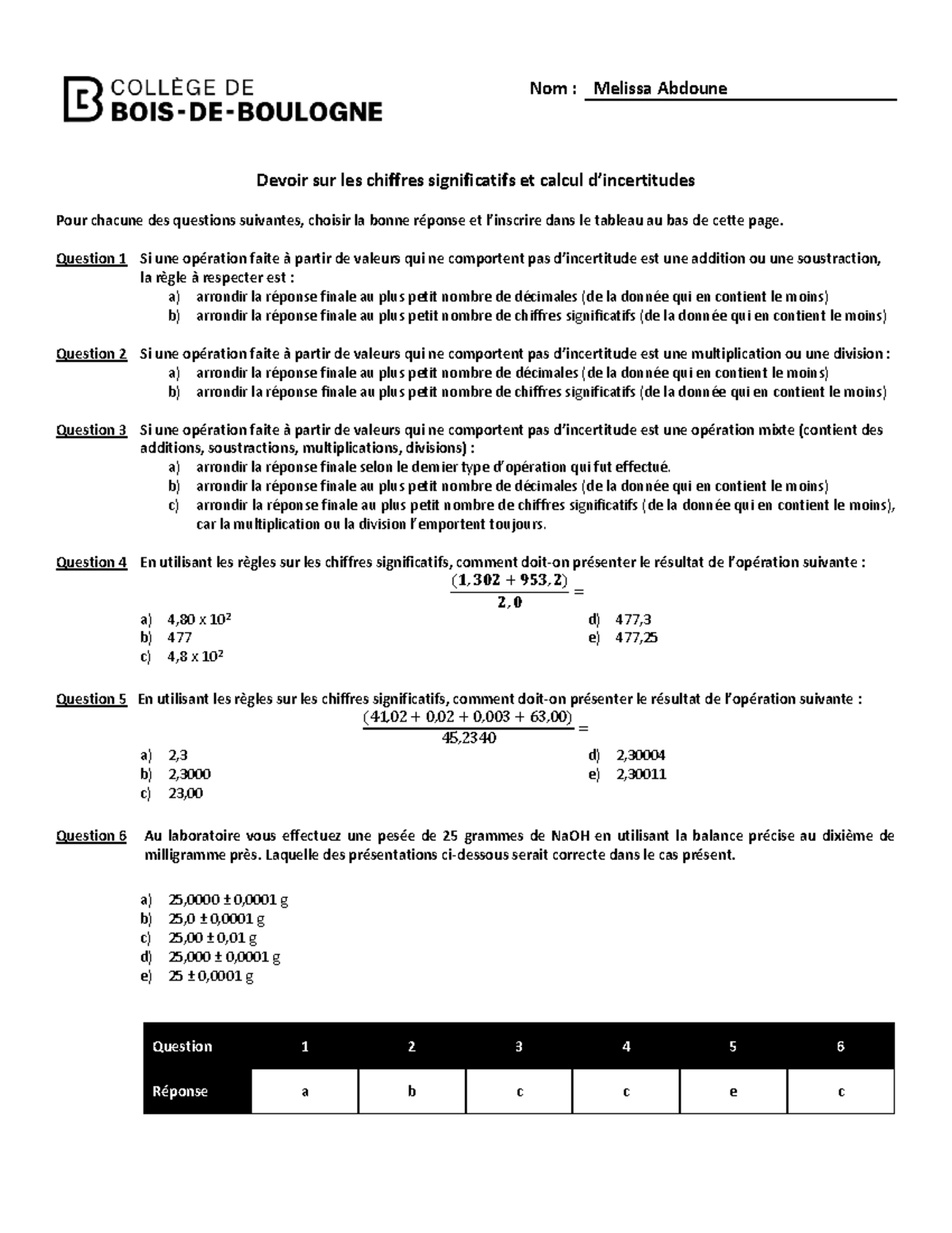 Devoir Chiffres Significatifs Nyb Nom Melissa Abdoune Devoir Sur Les Chiffres Significatifs