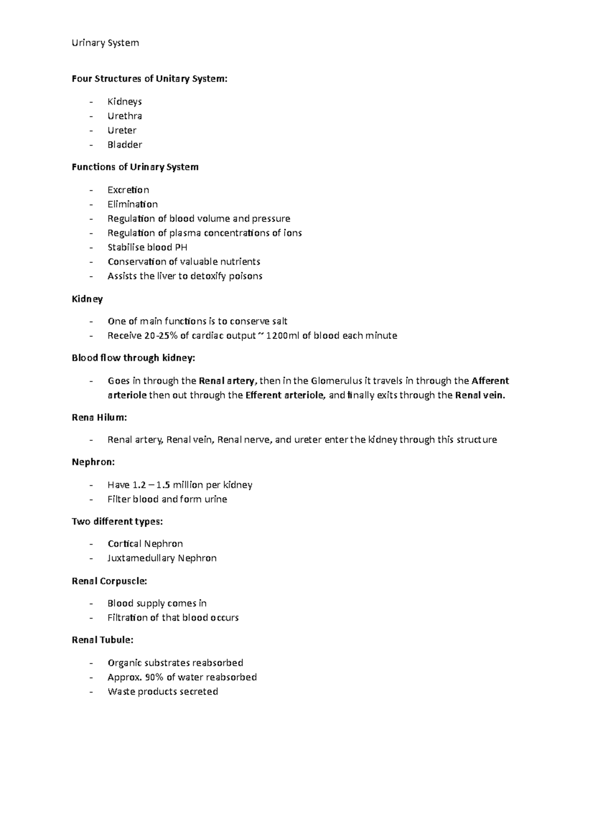 Urinary System Lecture Notes for first year - Urinary System Four ...