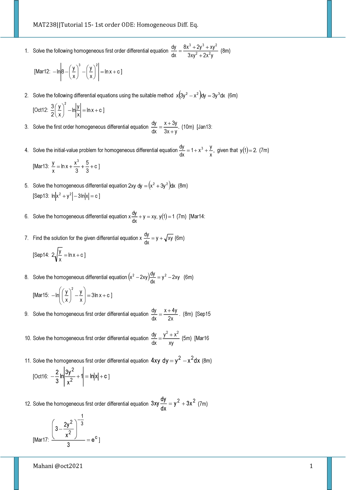 R15 Homogeneous - tutorial - MAT238||Tutorial 15- 1st order ODE ...