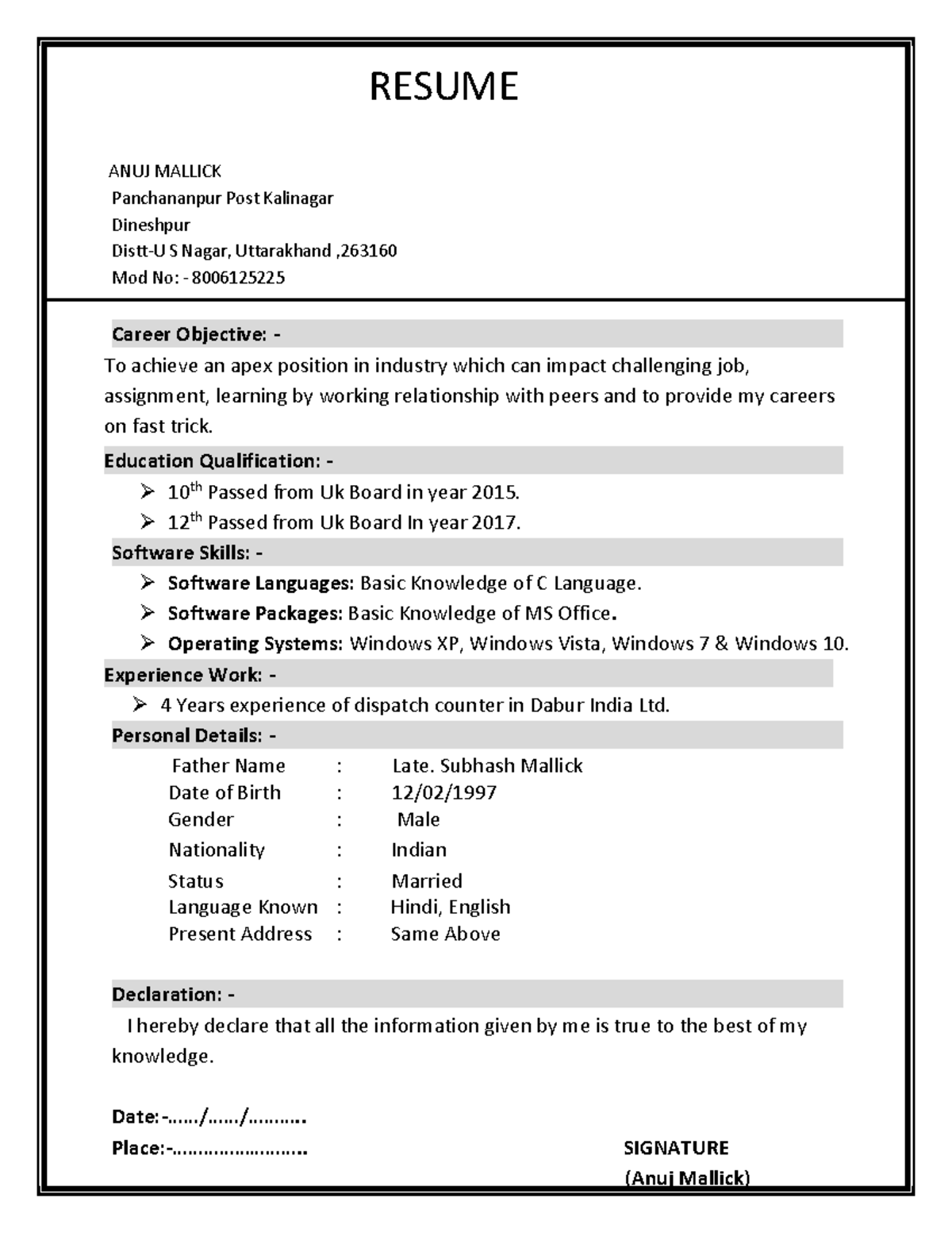 Anuj - RESUME ANUJ MALLICK Panchananpur Post Kalinagar Dineshpur Distt ...