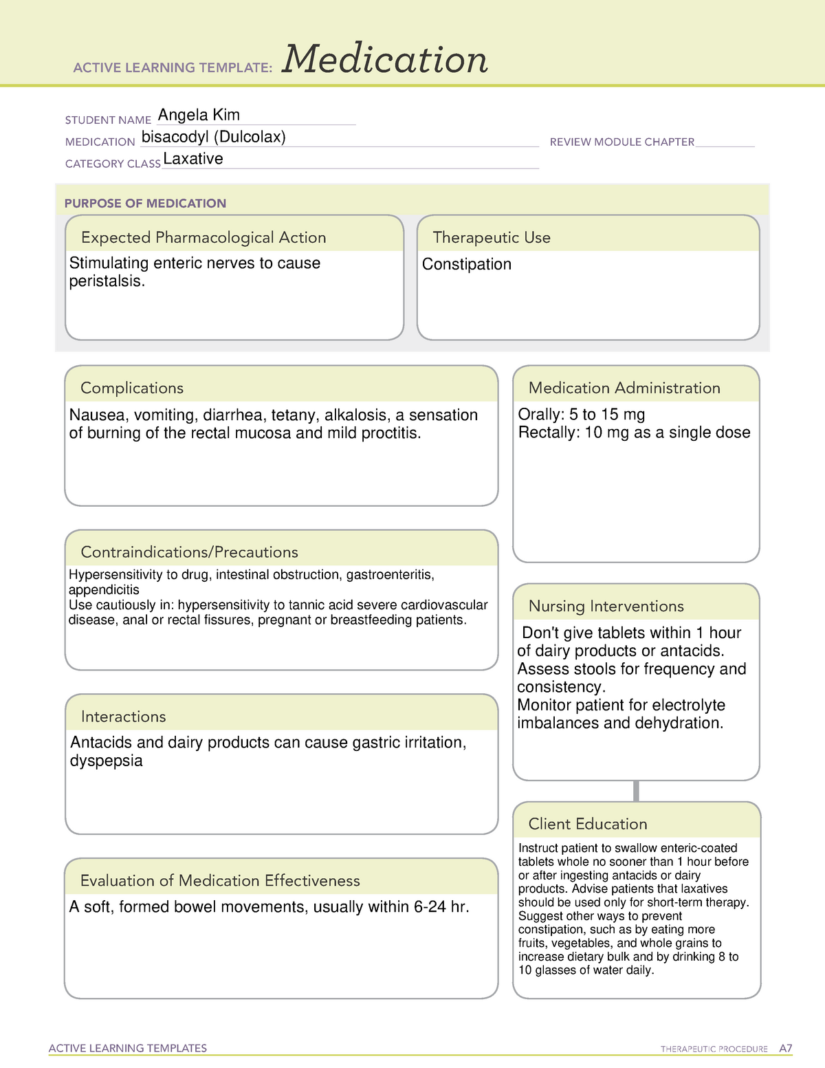 Bisacodyl (Dulcolax) ATI ACTIVE LEARNING TEMPLATES THERAPEUTIC