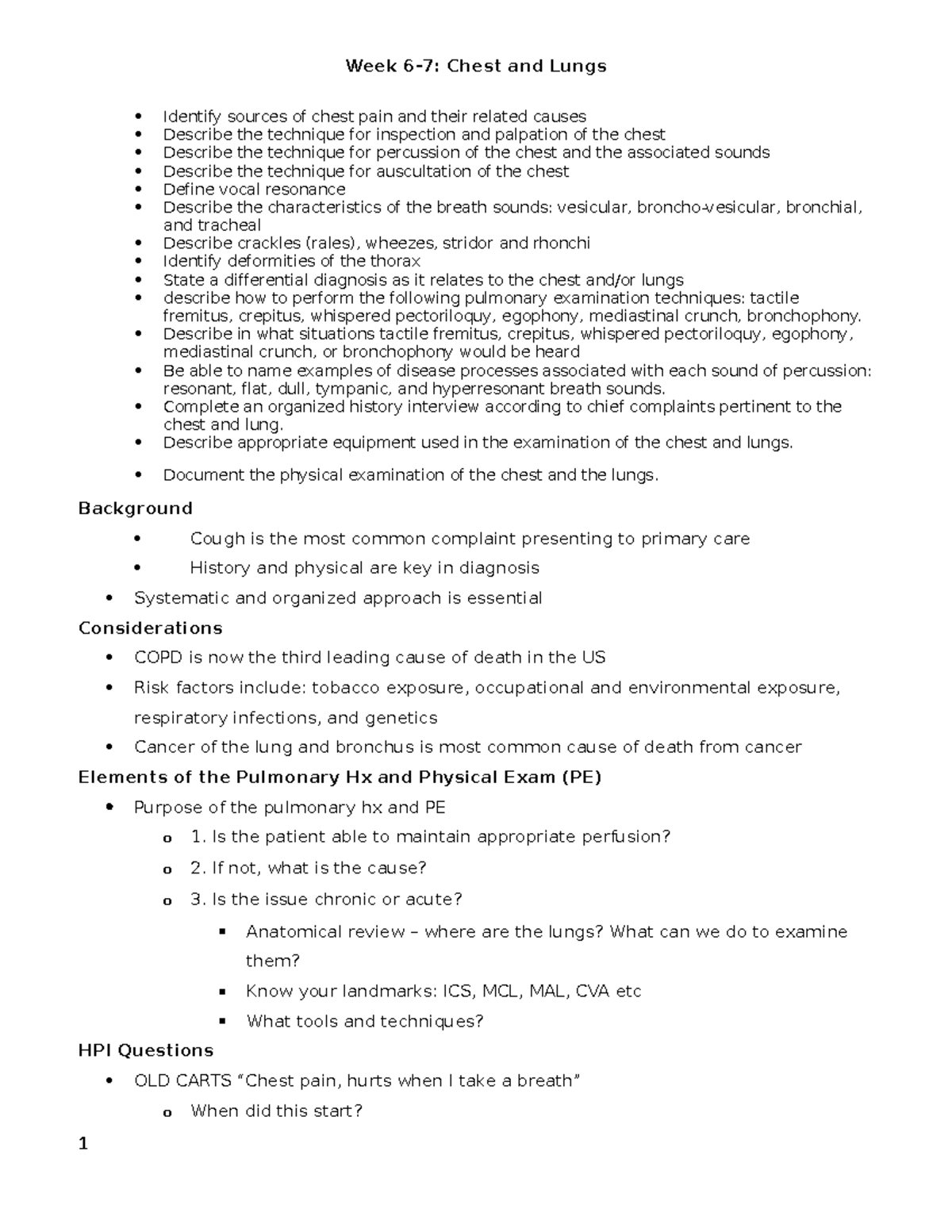 Week 6&7- chest & lungs - Course notes - Week 6-7: Chest and Lungs ...