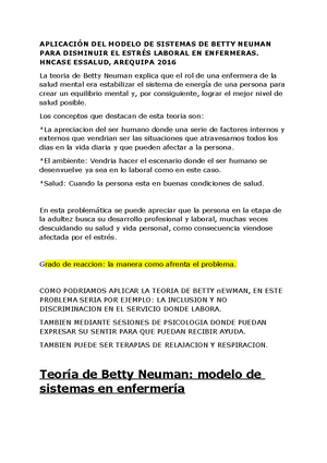 Teoria de betty newman explicacion - APLICACIÓN DEL MODELO DE SISTEMAS DE BETTY  NEUMAN PARA - Studocu