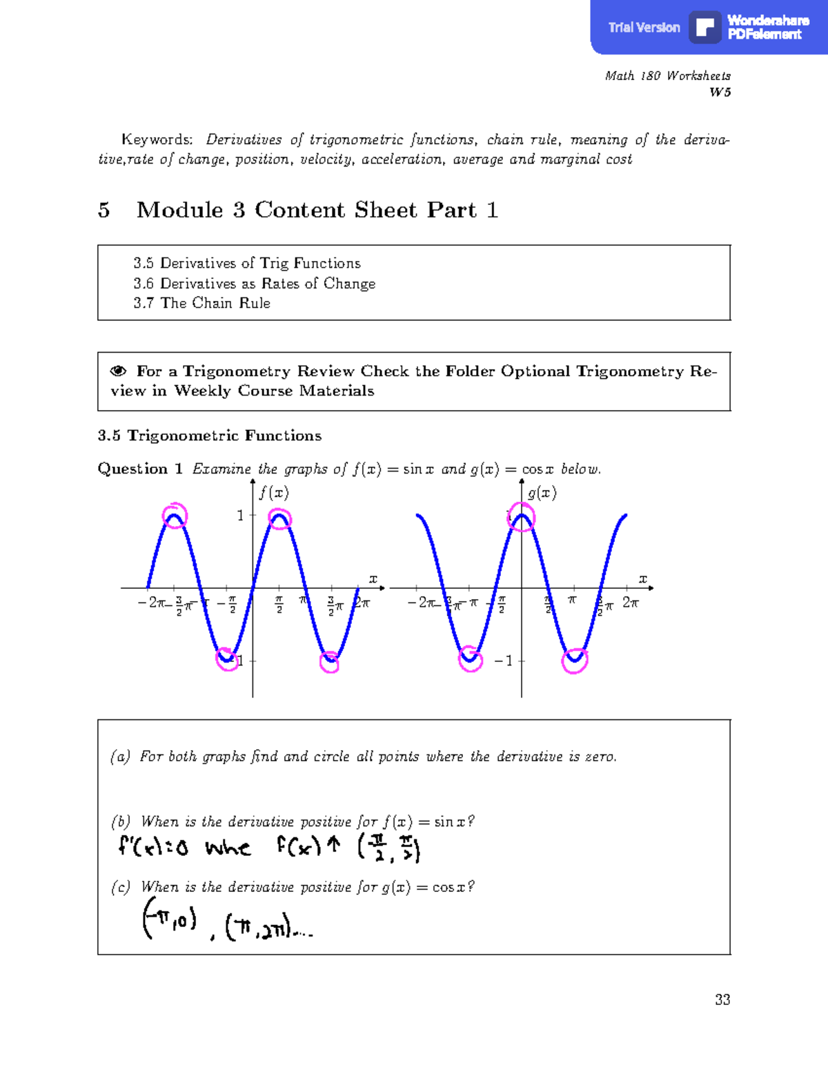 Module 3 Part I - Lecture notes 1 - W Keywords: Derivatives of ...