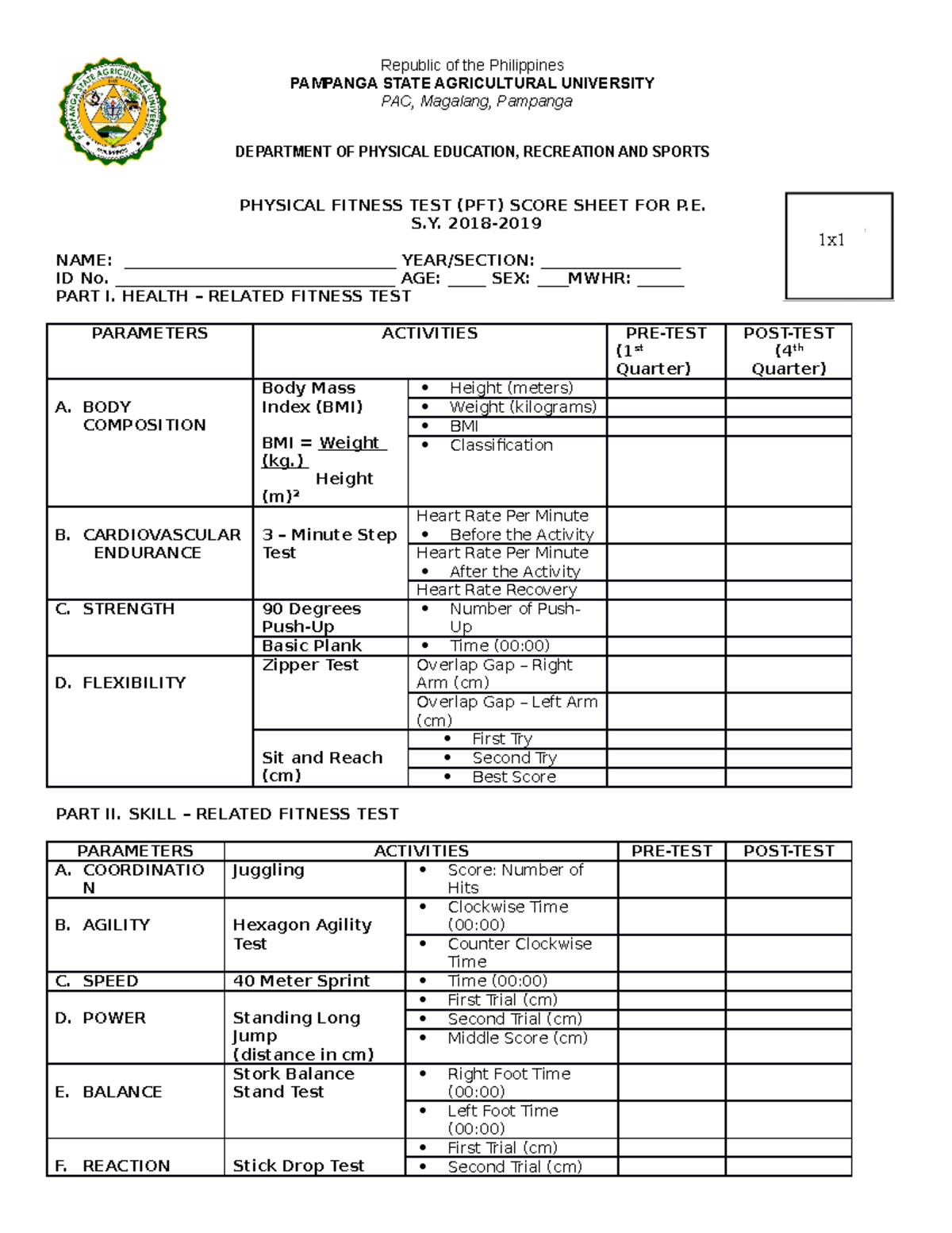 Physical Fitness TEST PFT Score Sheet FO - Republic of the Philippines ...