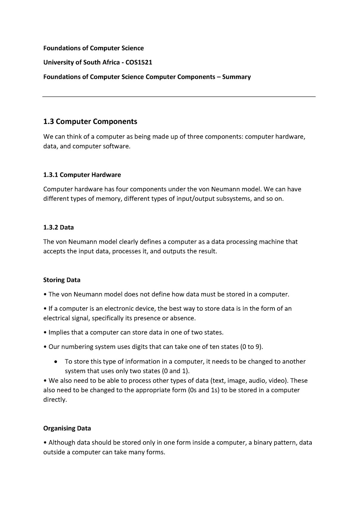 Foundations of Computer Science Computer Components l - Summary ...