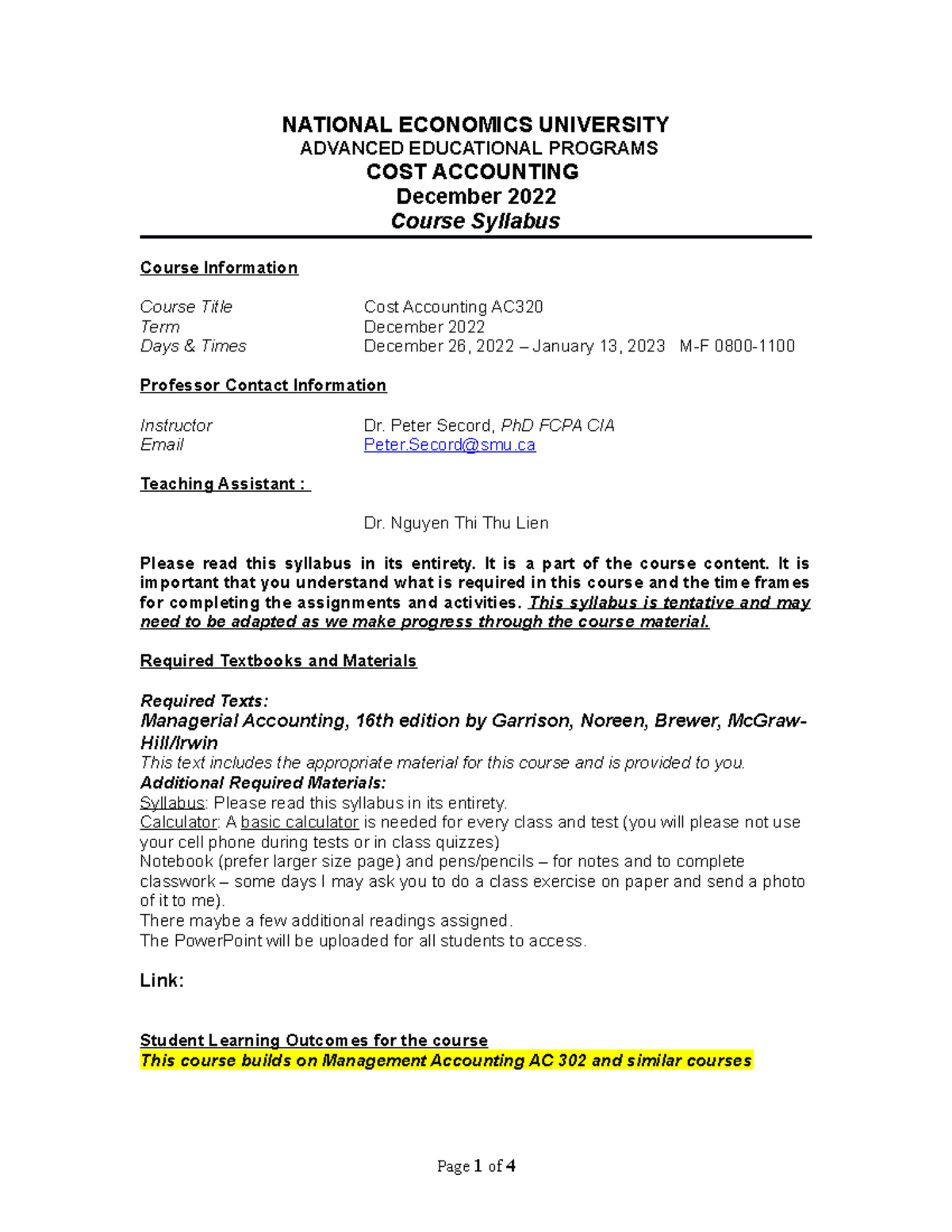 Syllabus Cost Accounting Dec 2022 AC320 NATIONAL ECONOMICS UNIVERSITY